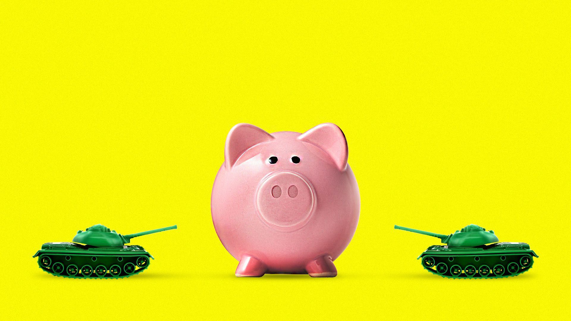 A piggy bank being attacked by two tankers on either side of it