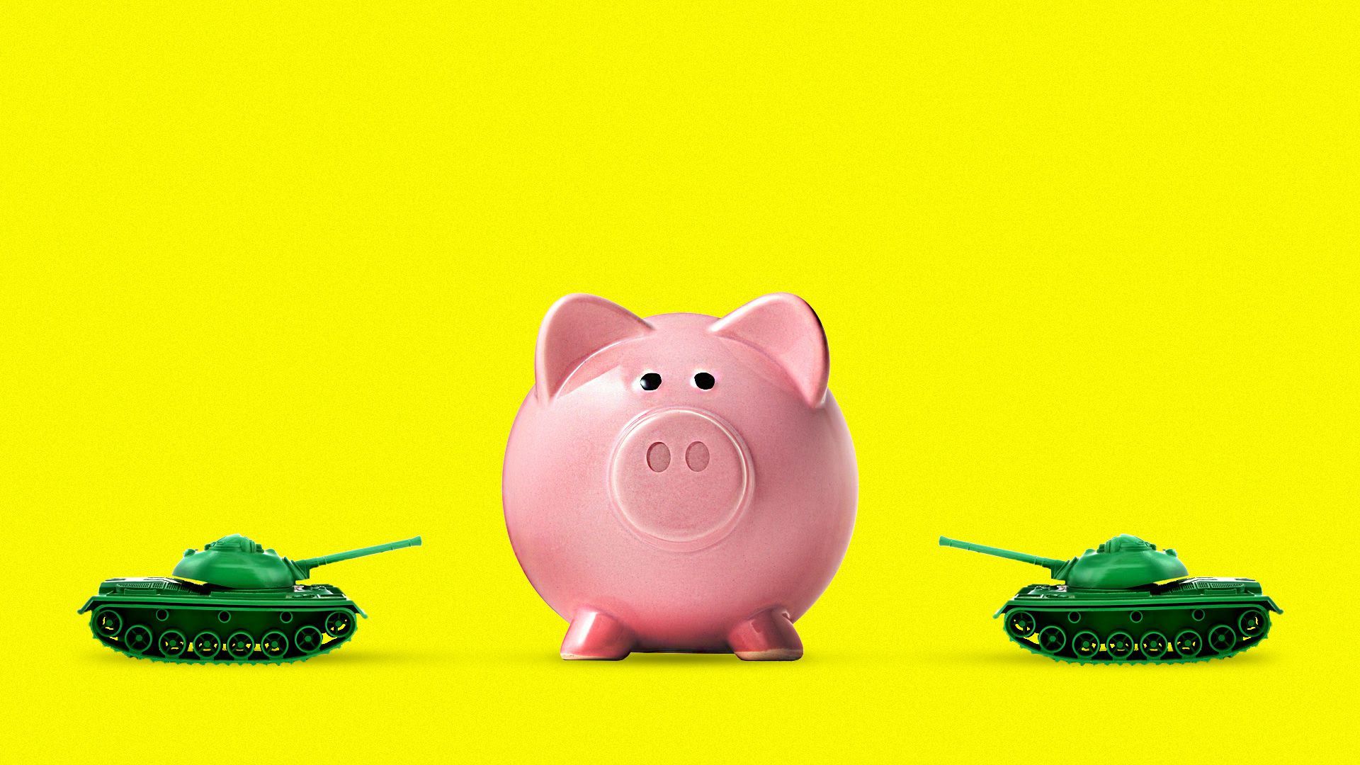Illustration of a piggy bank being attacked by two tanks on either side of it.