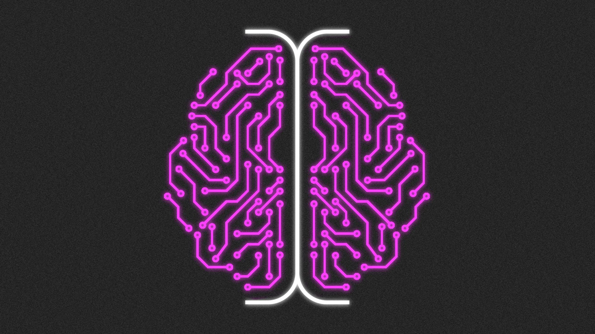 Illustration of a brain made up from a glowing white cursor in the center and a glowing circuit pattern on either side. 