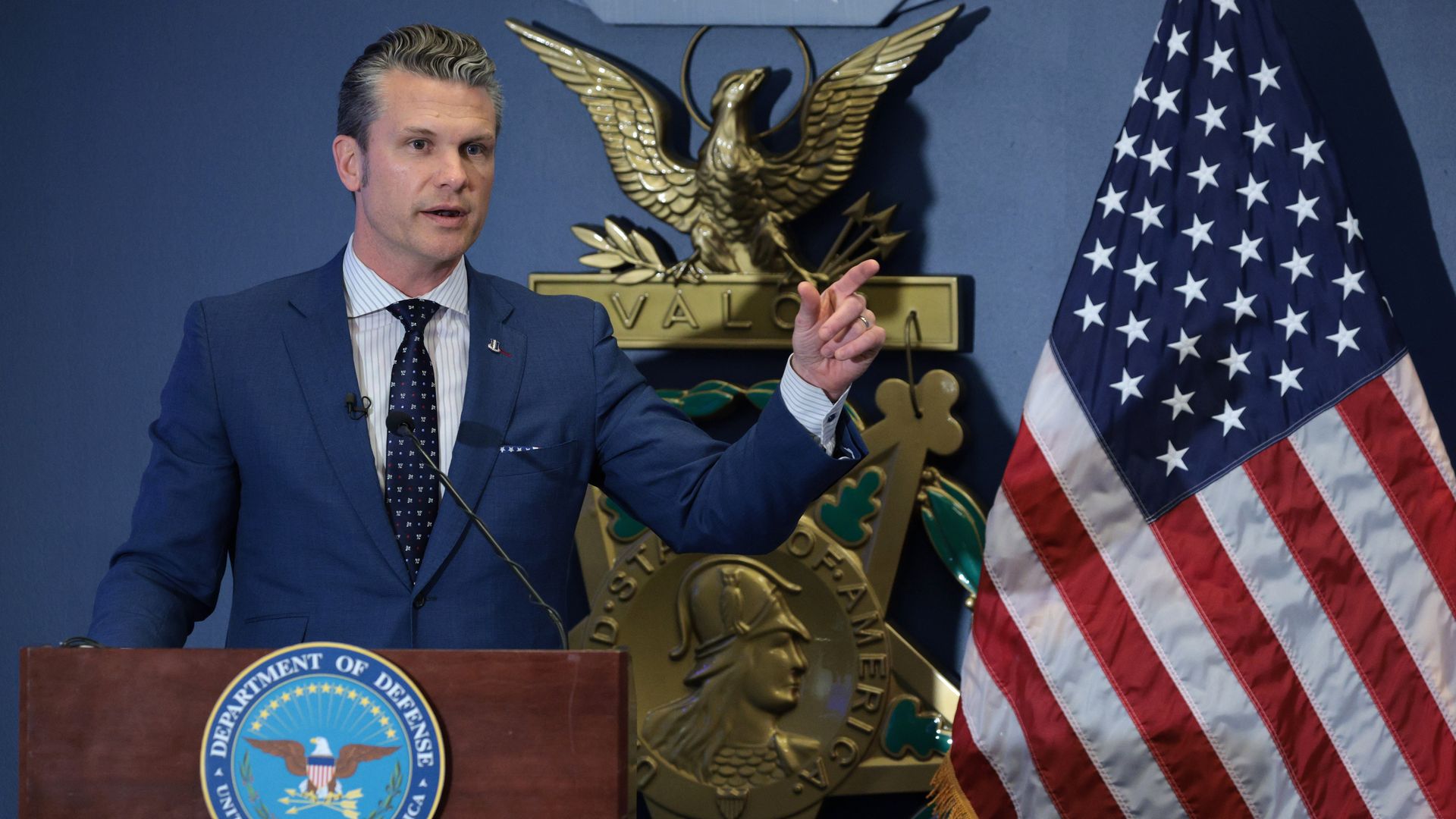 Secretary of Defense Pete Hegseth speaks during a reenlistment ceremony for Congressional Medal of Honor recipient Sgt. Dakota Meyer at the Pentagon on April 17, 2025 in Arlington, Virginia. Sgt. Meyer is reenlisted in the U.S. Marine Corps.