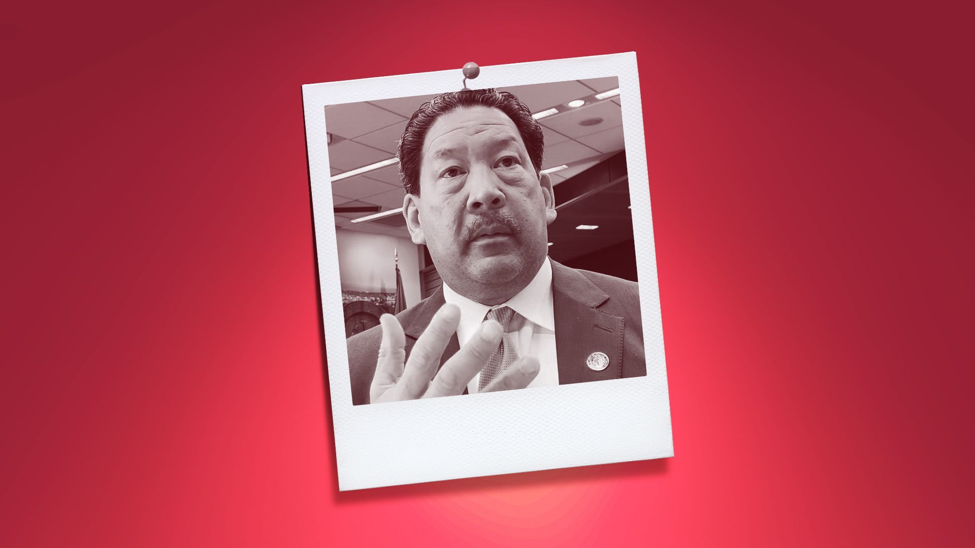 Photo illustration of Seattle Mayor Bruce Harrell in an instant photo pinned to a red wall.