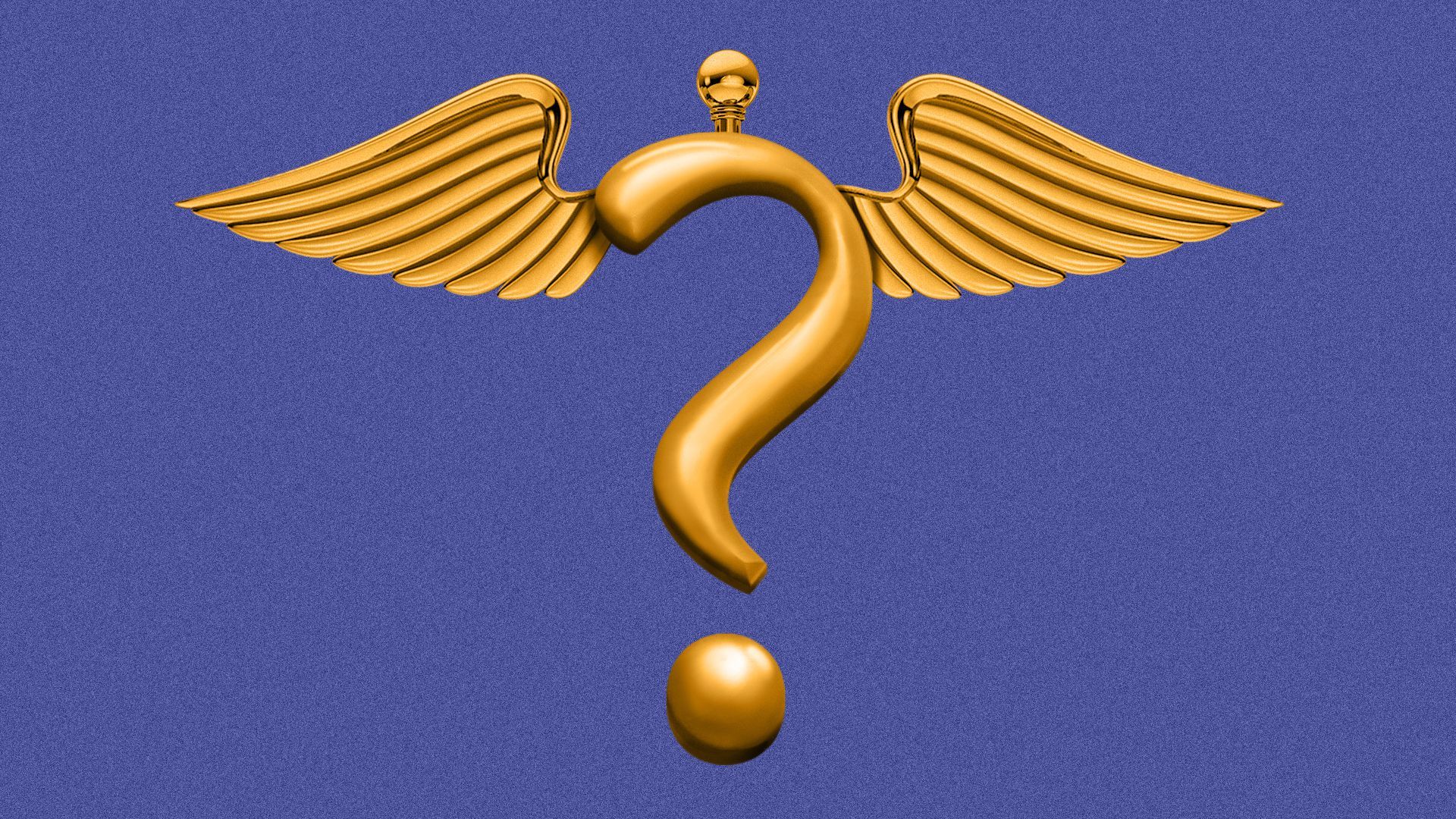 Illustration of a caduceus and question mark.