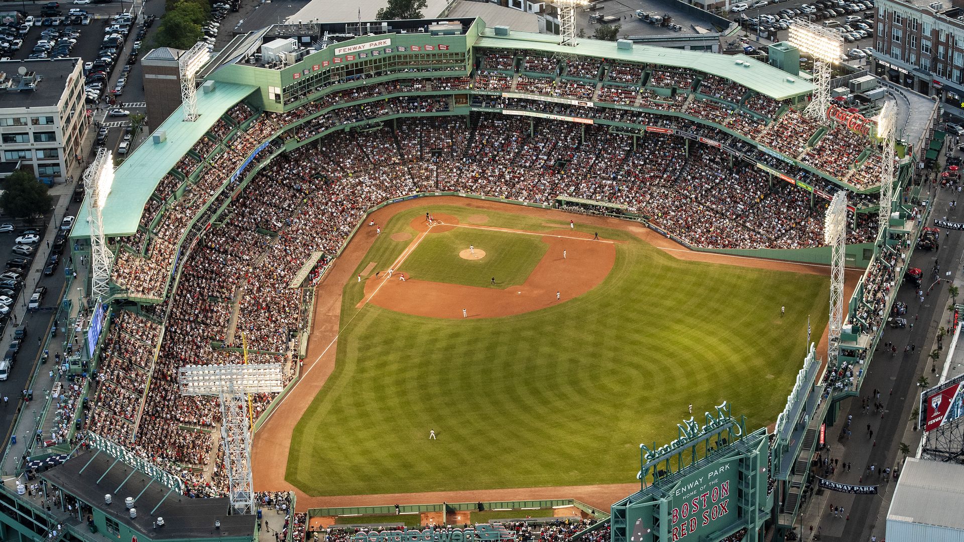 An aerial view of Fenway Park during a game between the Boston Red Sox and the New York Yankees on August 3, 2018 at Fenway Park in Boston, Massachusetts.