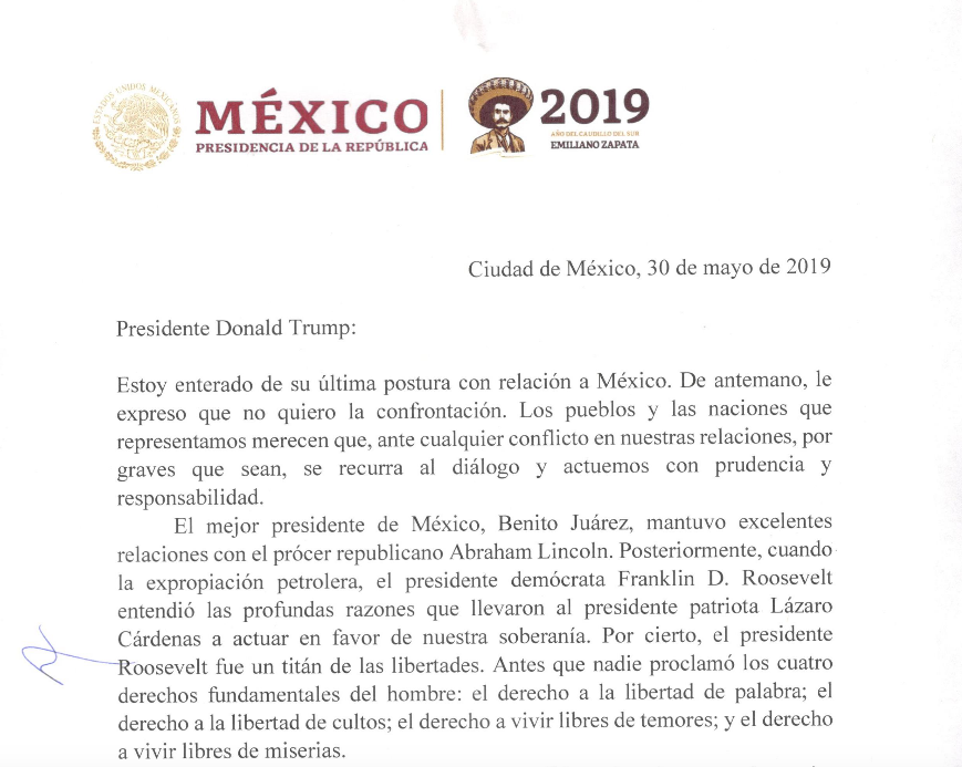 A photocopy of a letter from Mexican President Andres Manuel Lopez Obrado to U.S. President Donald Trump.
