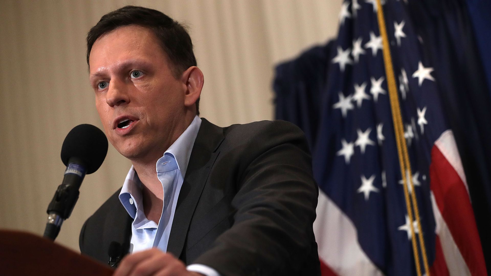 Photo of Peter Thiel at a microphone