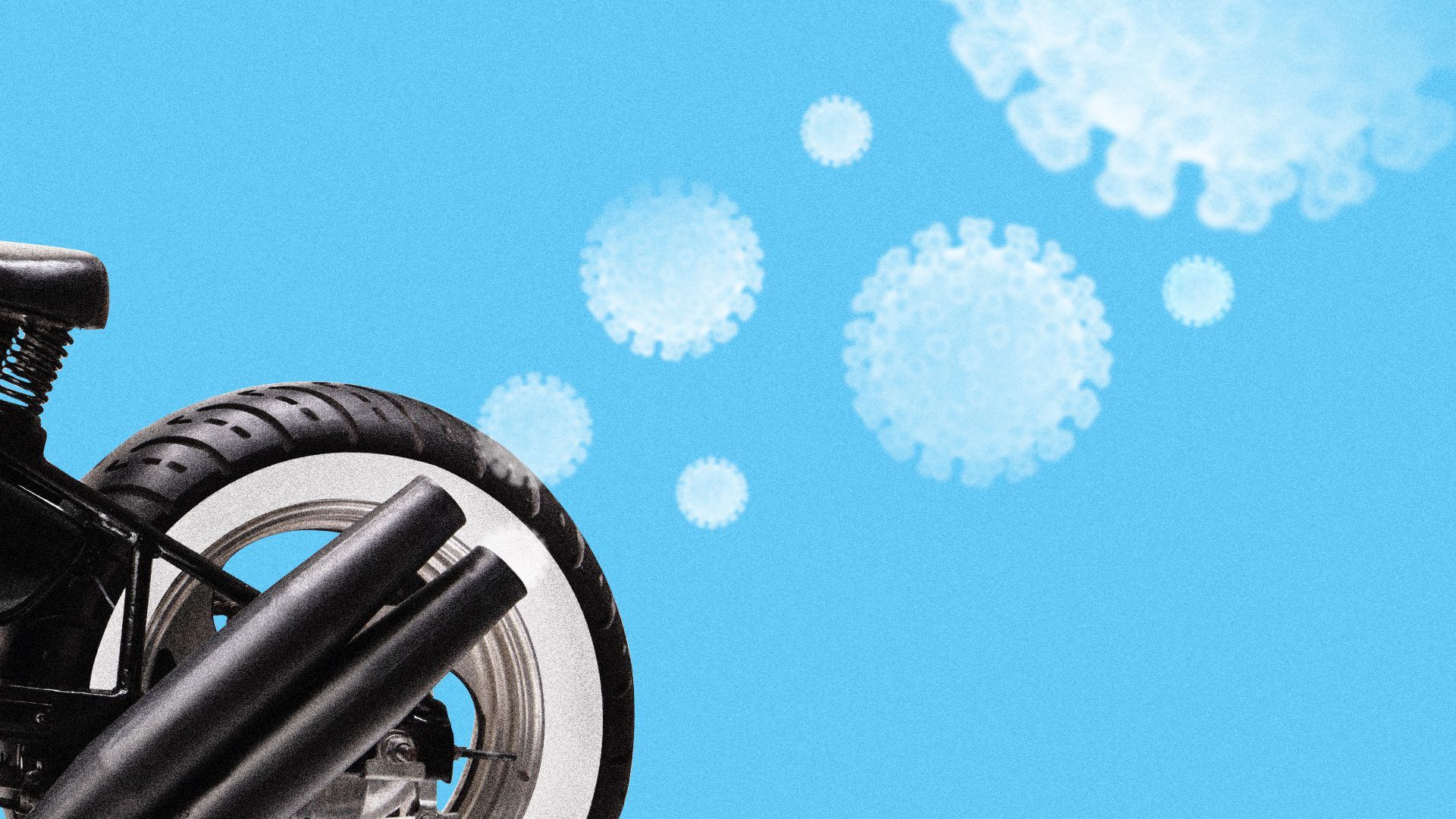 Illustration of a motorcycle exhaust fork with plumes of coronavirus exhaust coming out and dissipating in the air.