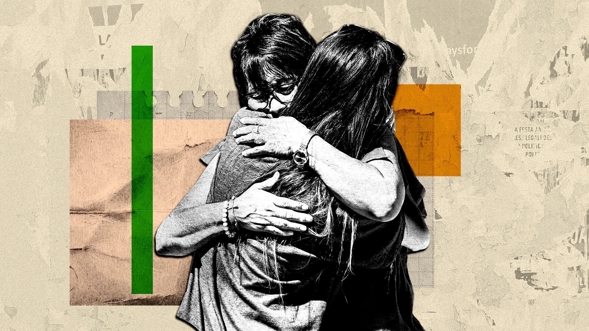 Photo illustration of Uvalde victims in mourning set against a background collage of torn paper and various shapes