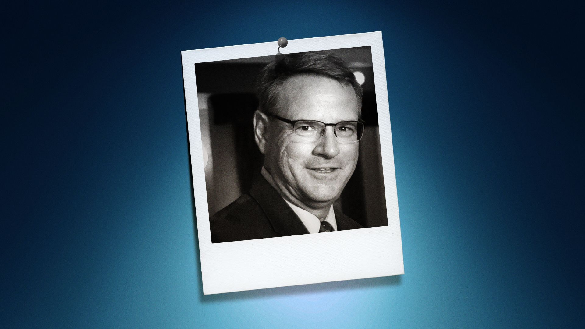 Photo illustration of Mark Cantrell in the center of a Polaroid photo under a blue spotlight.