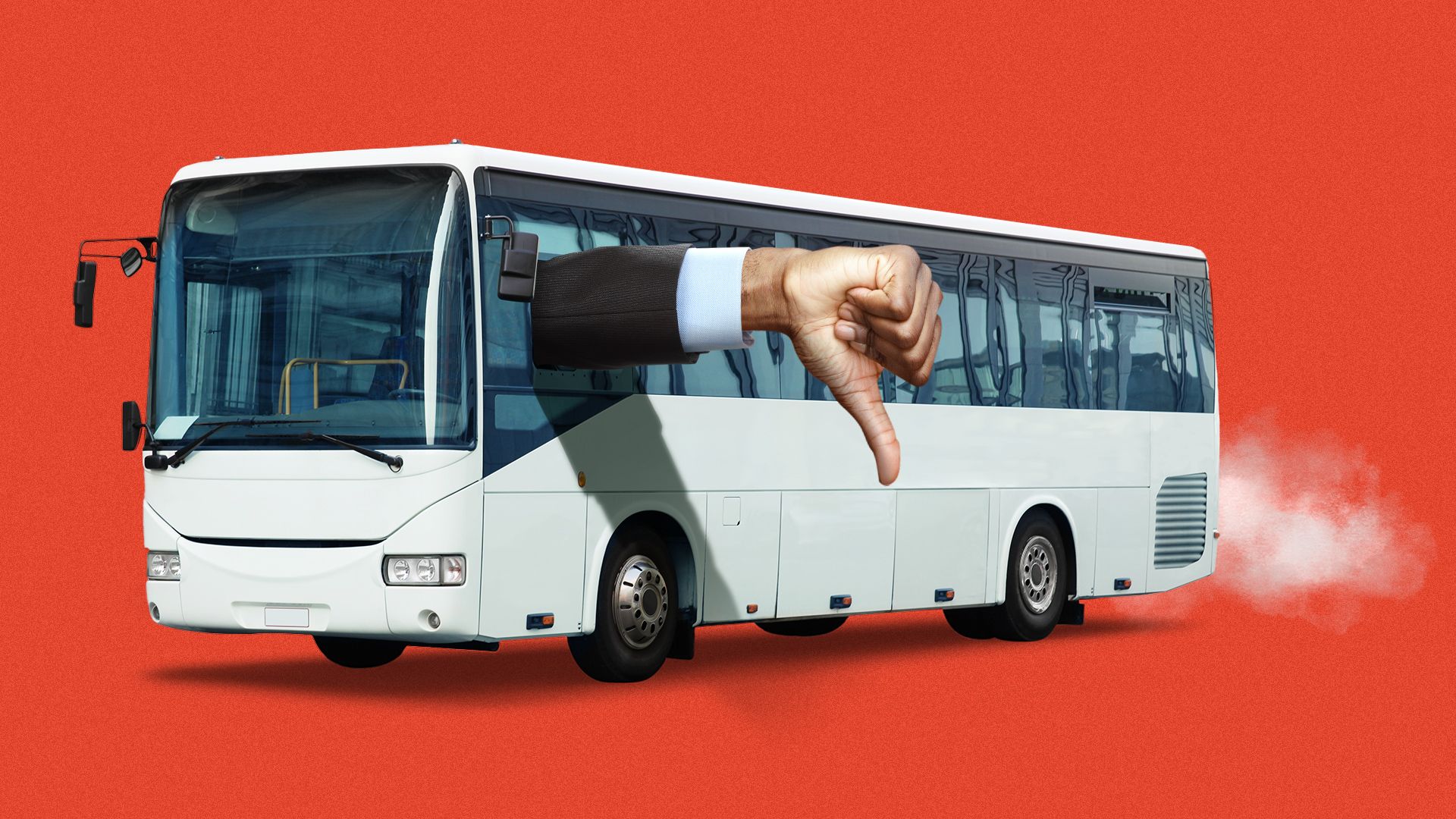 Illustration of a giant hand coming out of a bus driver's window giving a thumbs down sign. 