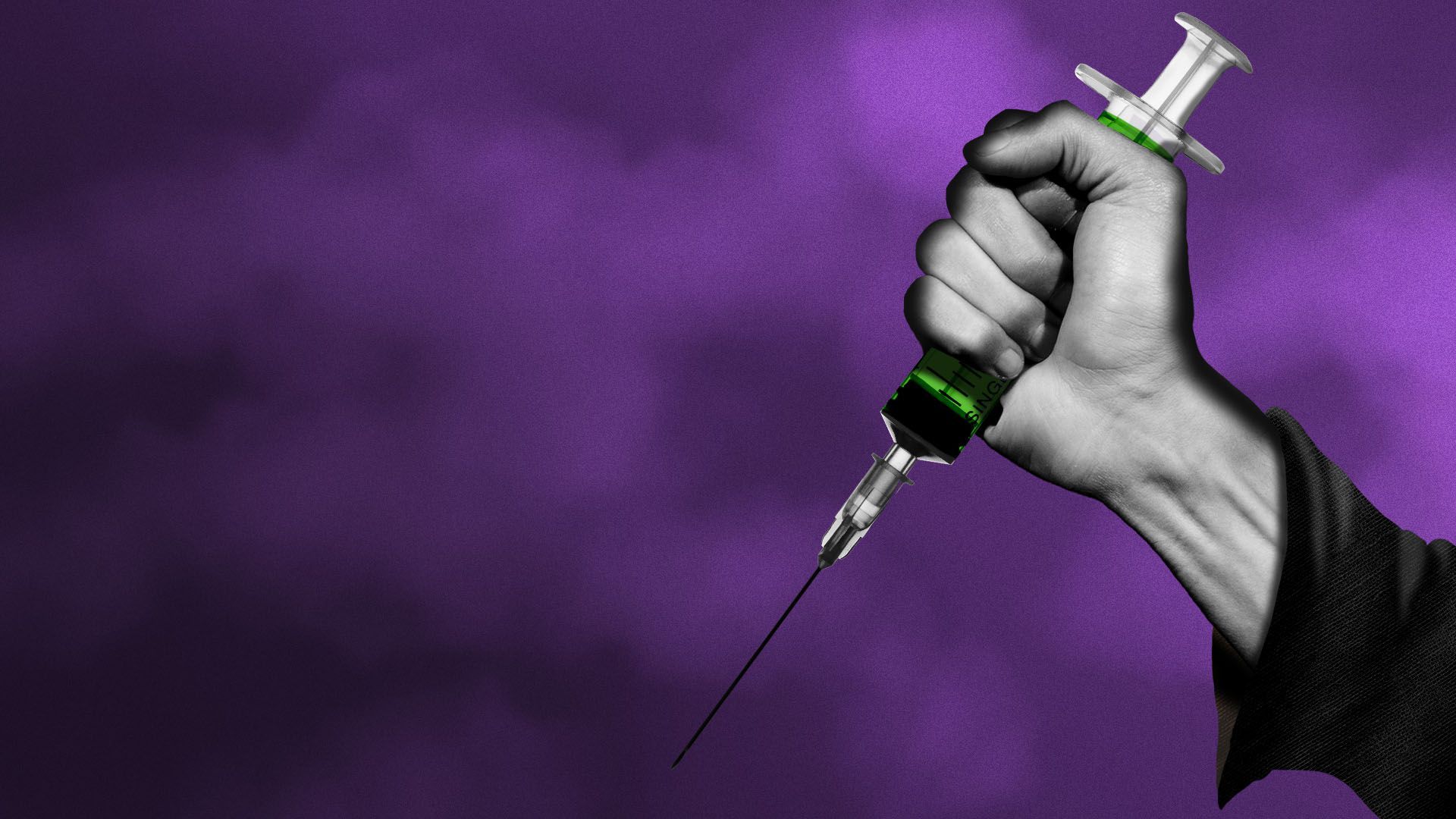 Illustration of a hand wielding a syringe like a knife