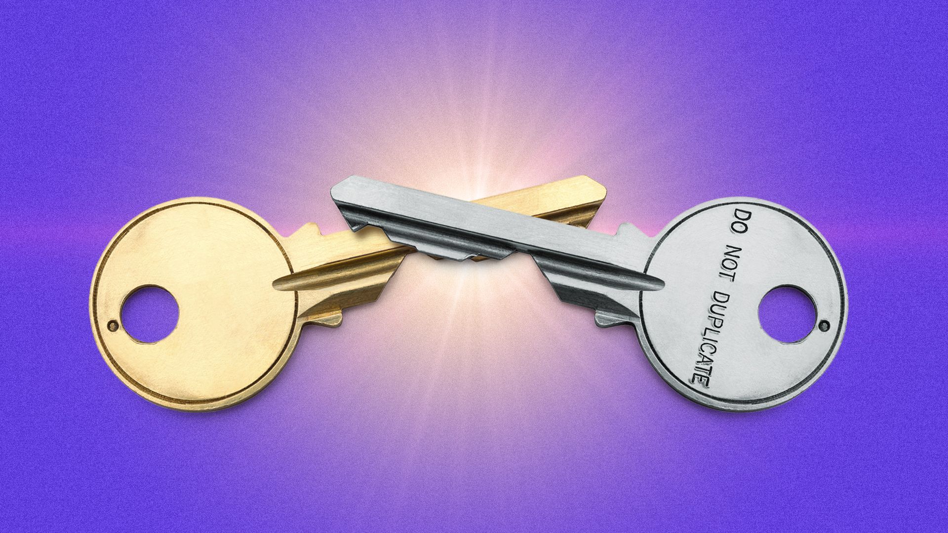 Illustration of two keys crossed over one another with a beam of light behind them
