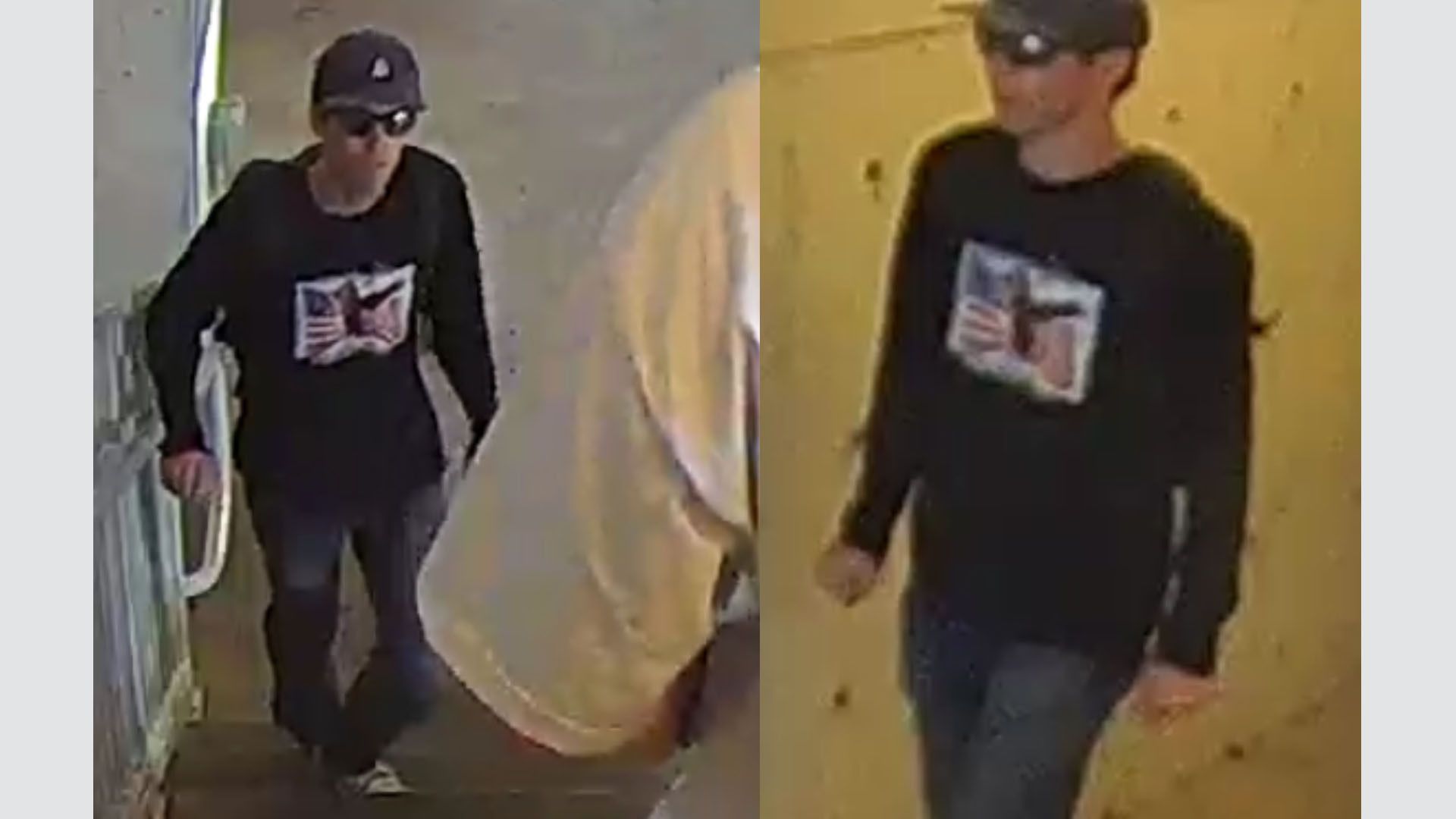 A person with a dark, a dark baseball cap, dark pants and sunglasses in a stairwell.