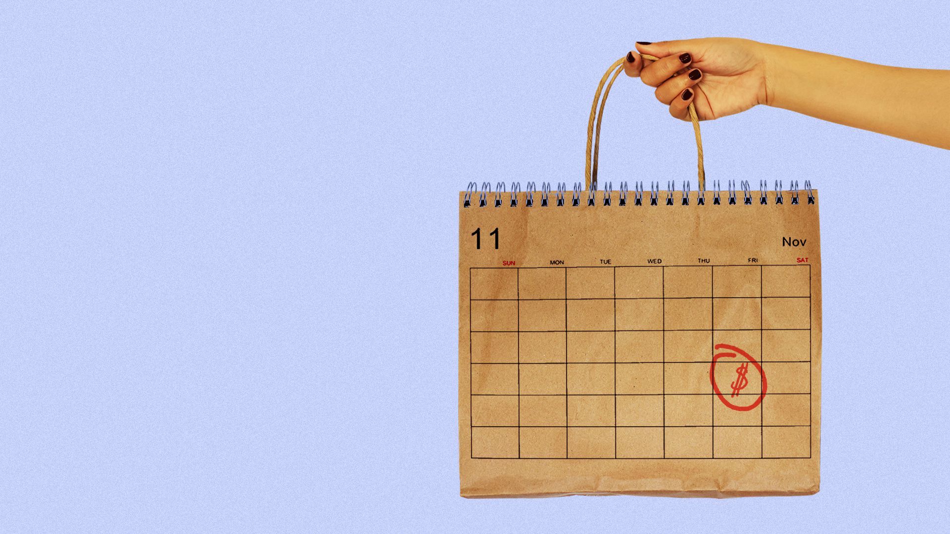 Illustration of a hand holding a bag with a calendar on it