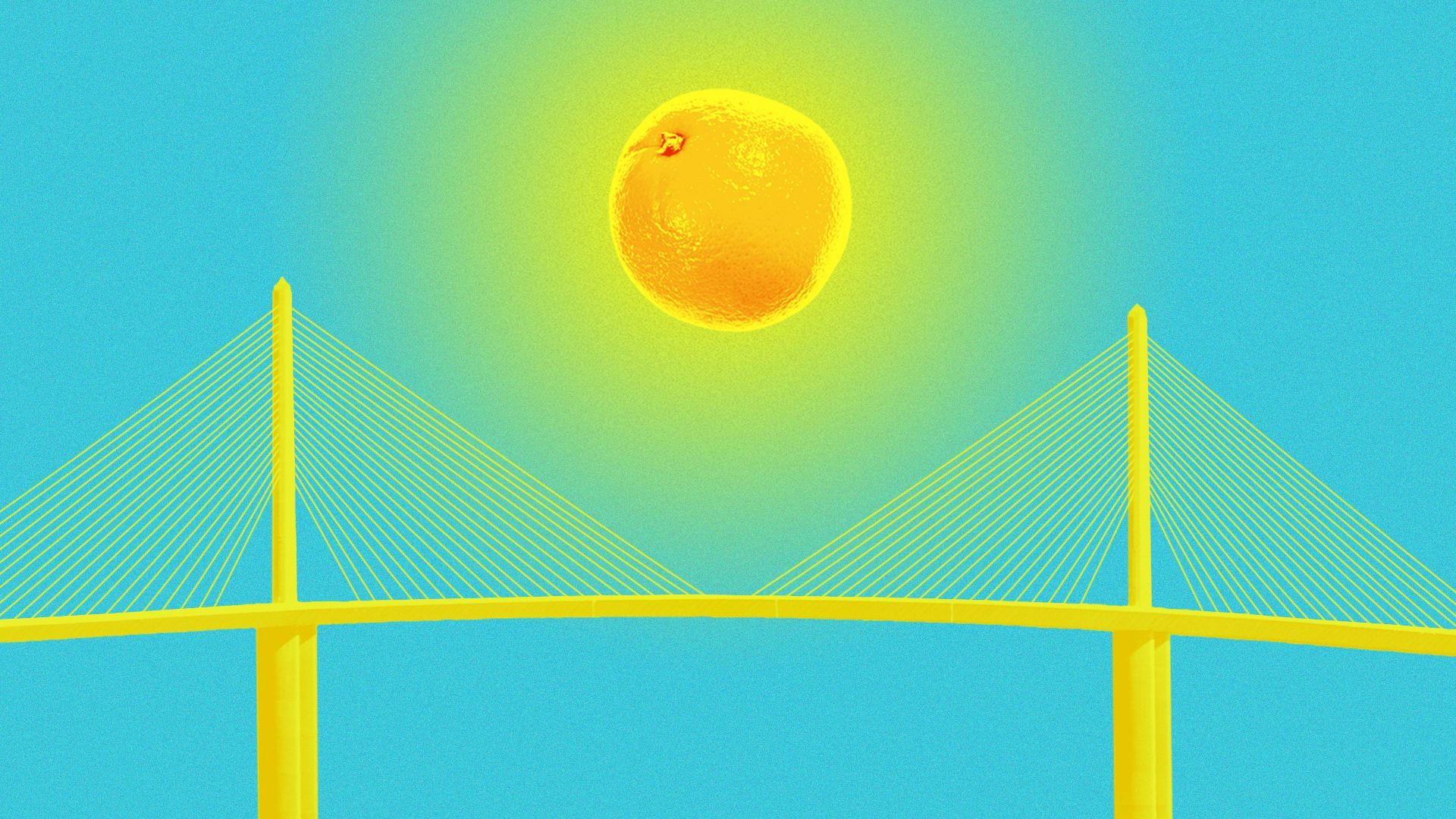 Illustration of an orange, instead of a sun, shining over the Sunshine Skyway Bridge in Florida.