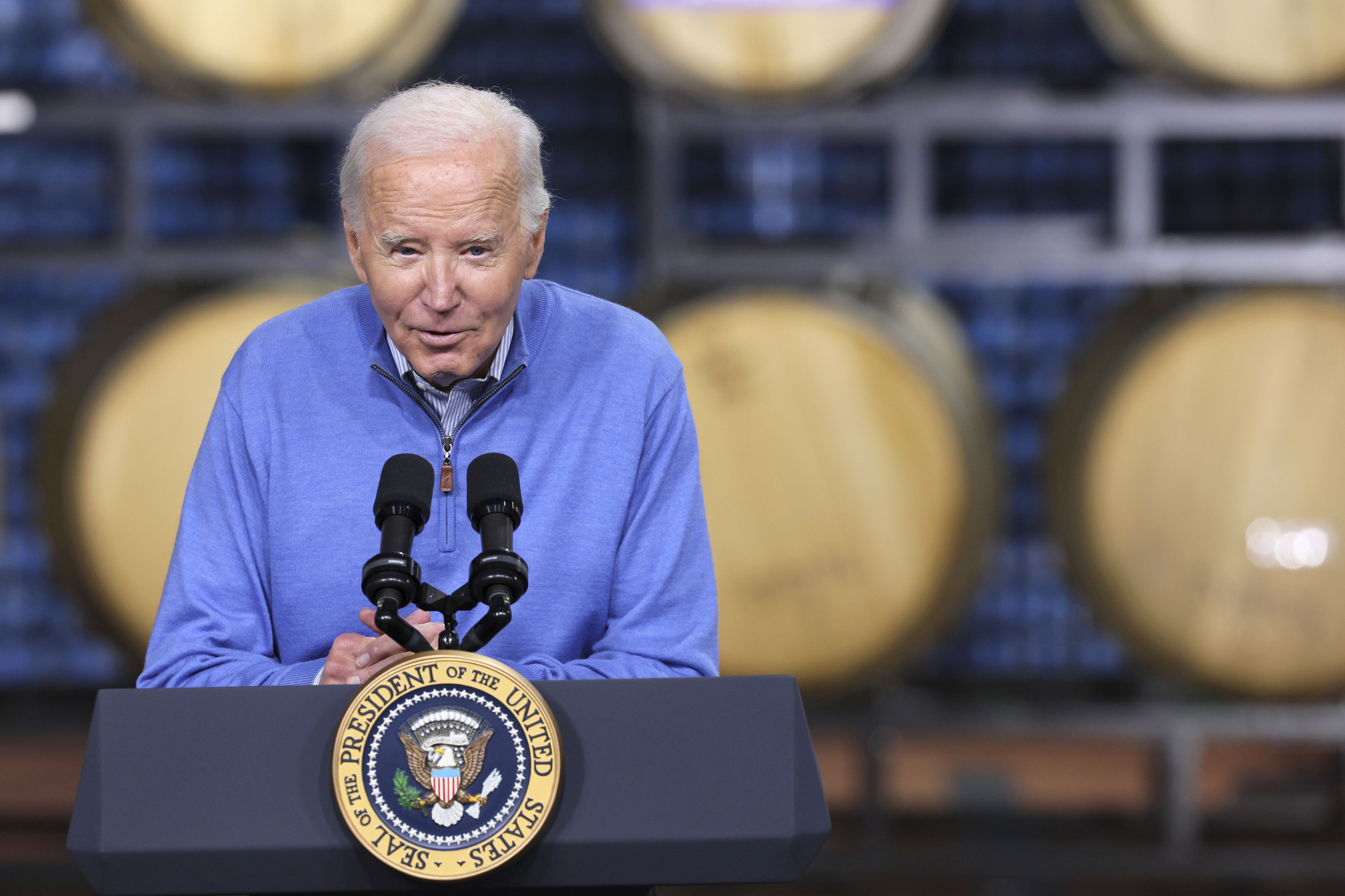 President Biden speaks at Earth Rider Brewery in Superior, Wis., to promote a $1 billion infrastructure project.
