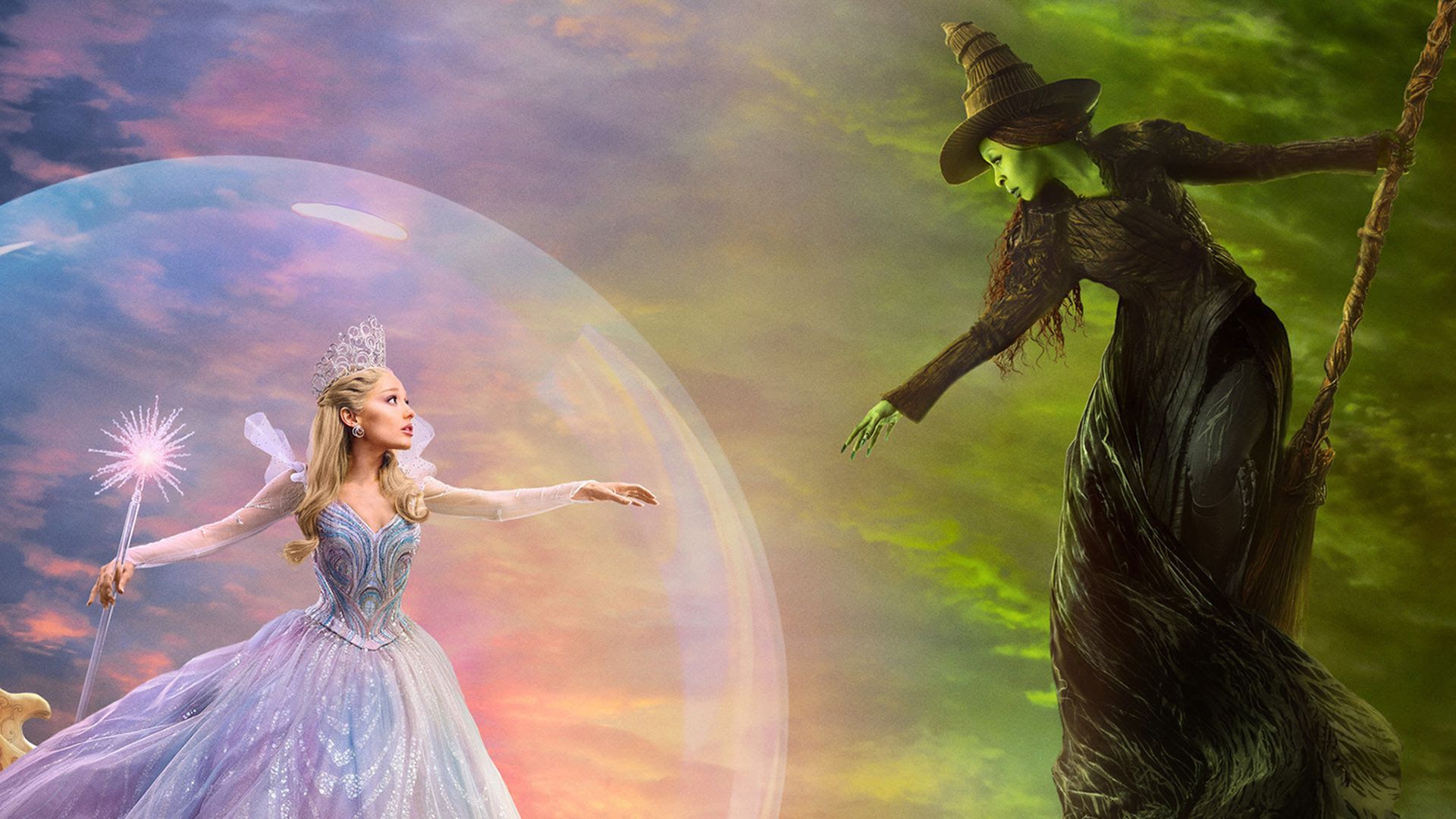 A glowing fairy in a sparkling lavender gown and tiara inside a protective bubble reaches toward a green-skinned witch in black with a tall hat and broom against a colorful sky.