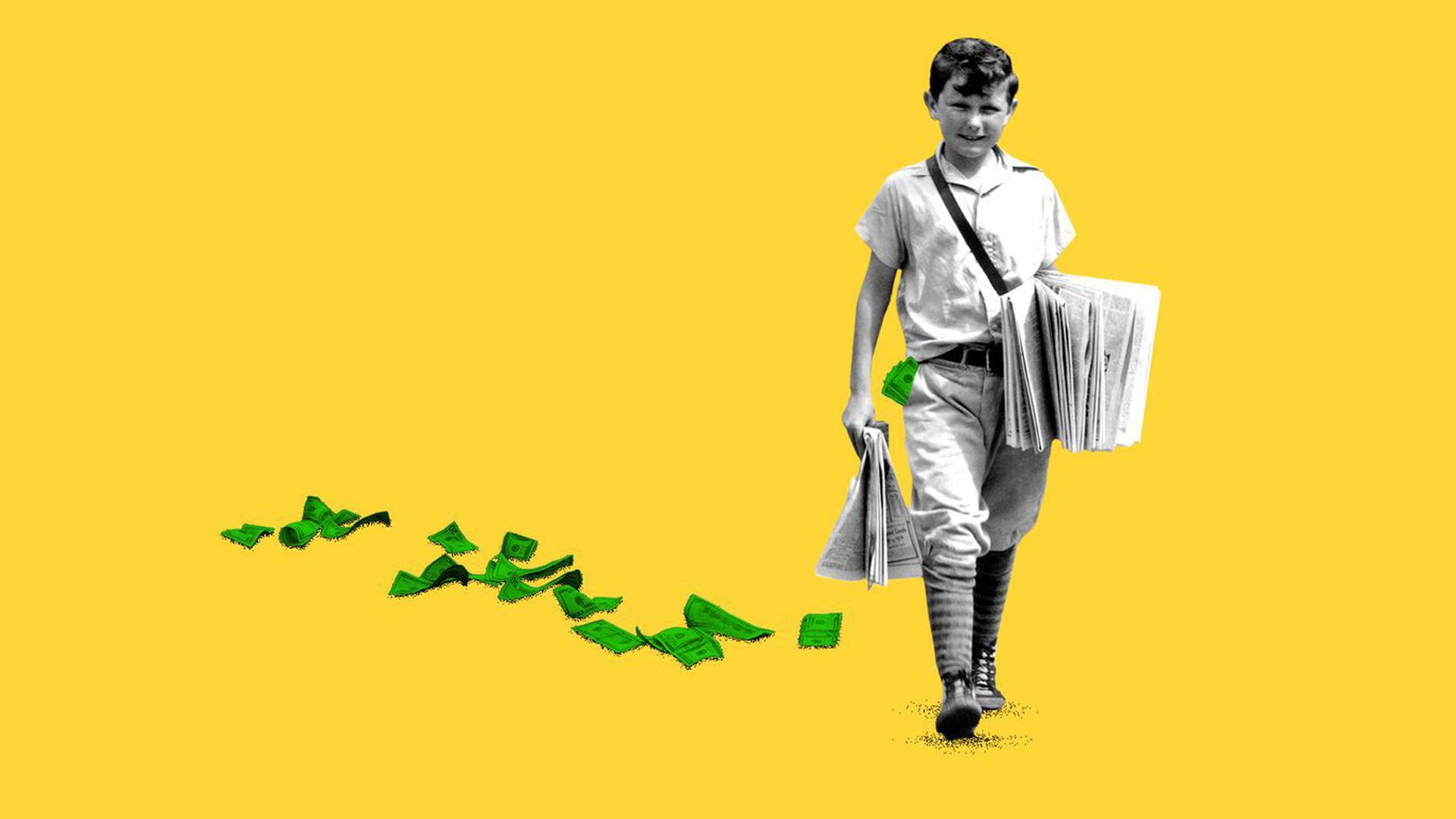 illustration of a paperboy dropping trail of dollars