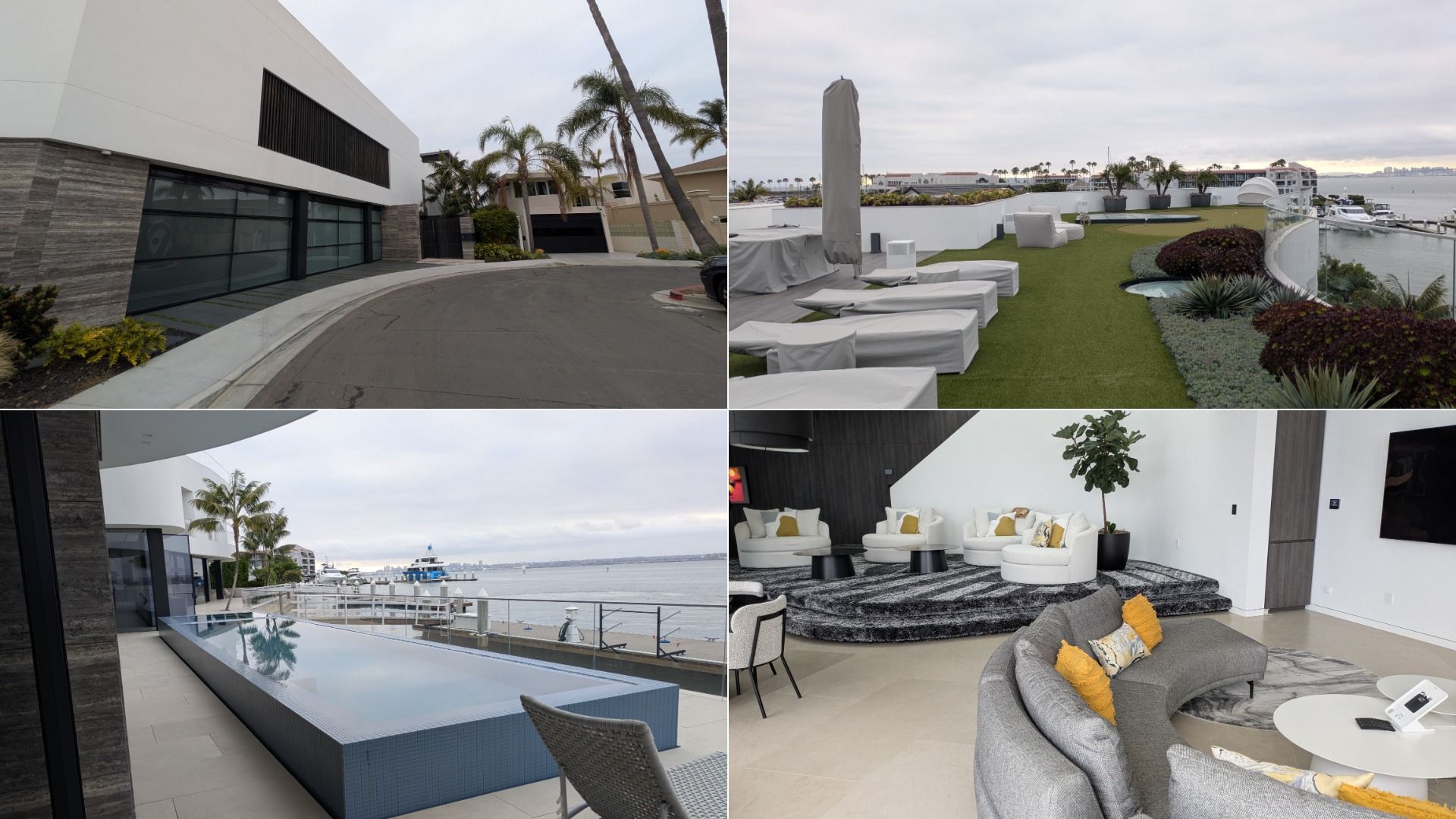 Collage of a luxury waterfront property: top-left modern white building with glass doors and palm trees; top-right rooftop lounge with covered seating and marina view; bottom-left oceanfront with pool; bottom-right living room with white sofas and yellow cushions.