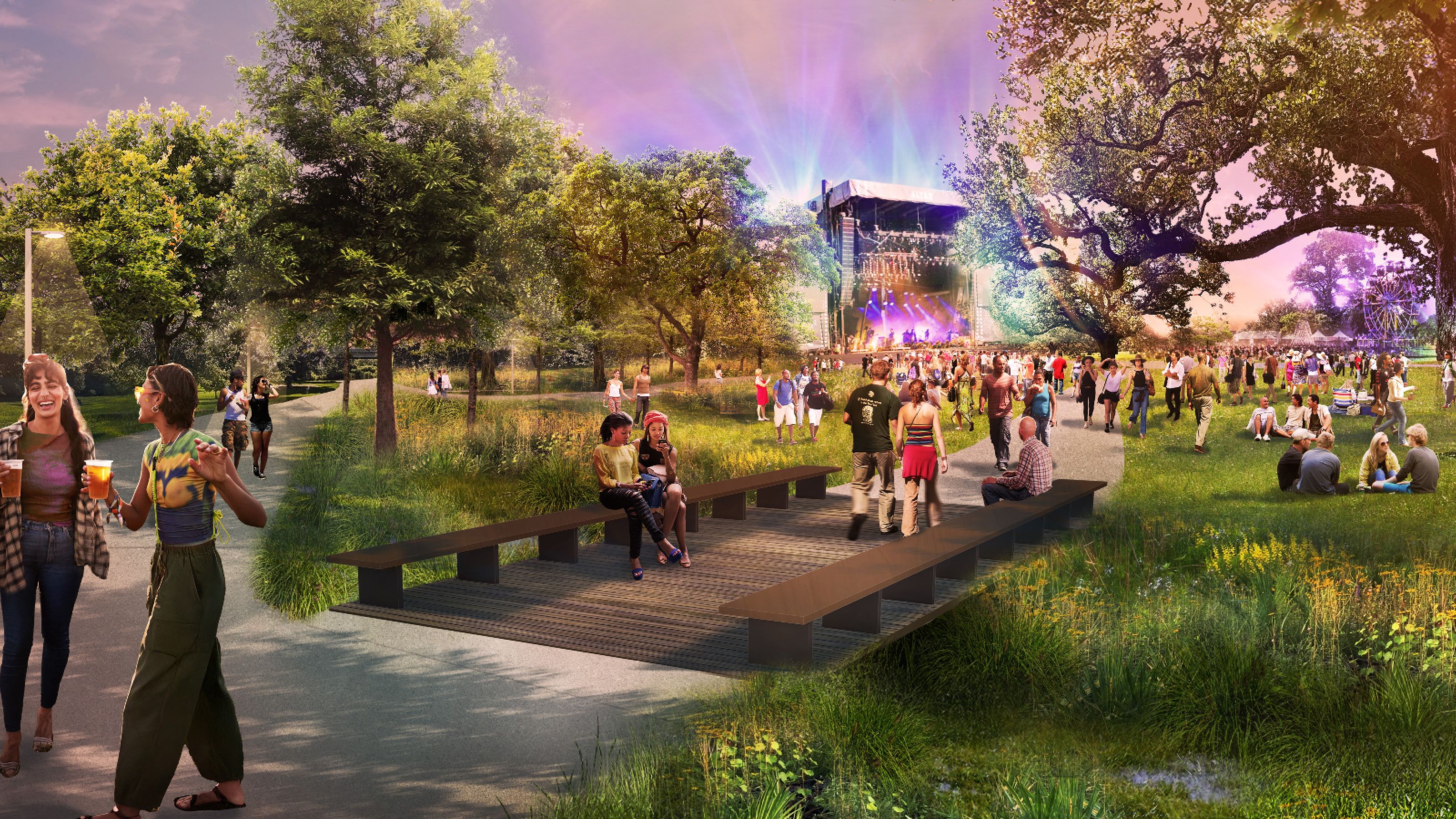 A lively outdoor music festival set in a park. The scene includes a stage with colorful lights in the background, and a crowd of people enjoying the event. In the foreground, a walkway is lined with trees, where two women walk holding drinks. Nearby, two people sit on a bench talking. 