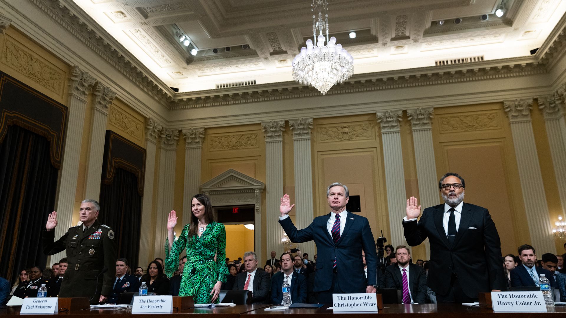 US Cyber Commander, General Paul Nakasone; Director Cybersecurity and Infrastructure Security Agency, Jen Easterly; FBI Director, Christopher Wray; and National Cyber Director Harry Coker Jr., are sworn in during a Congressional full committee hearing