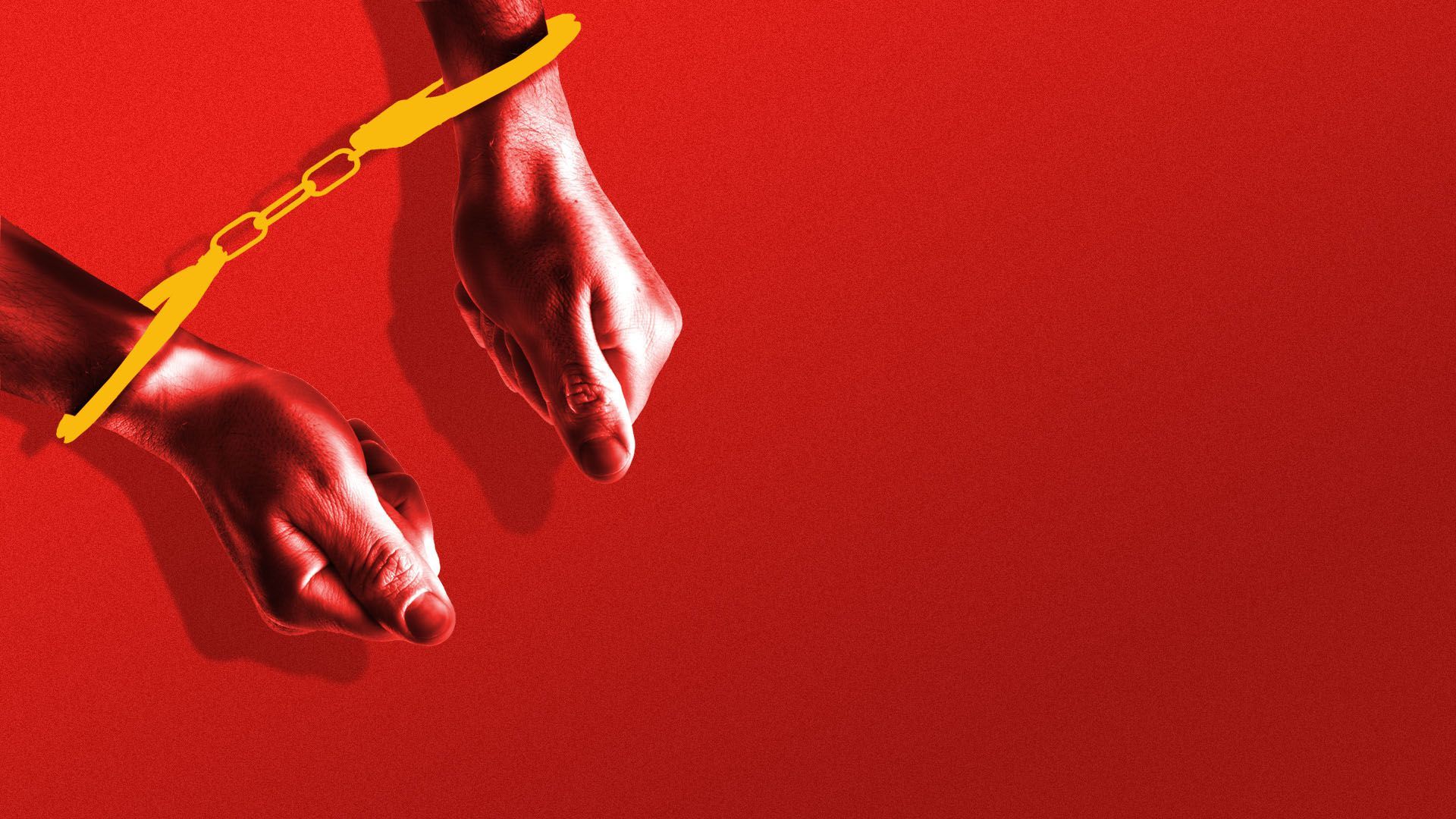 Illustration of a pair of hands in yellow handcuffs over a red background reminiscent of the flag of China