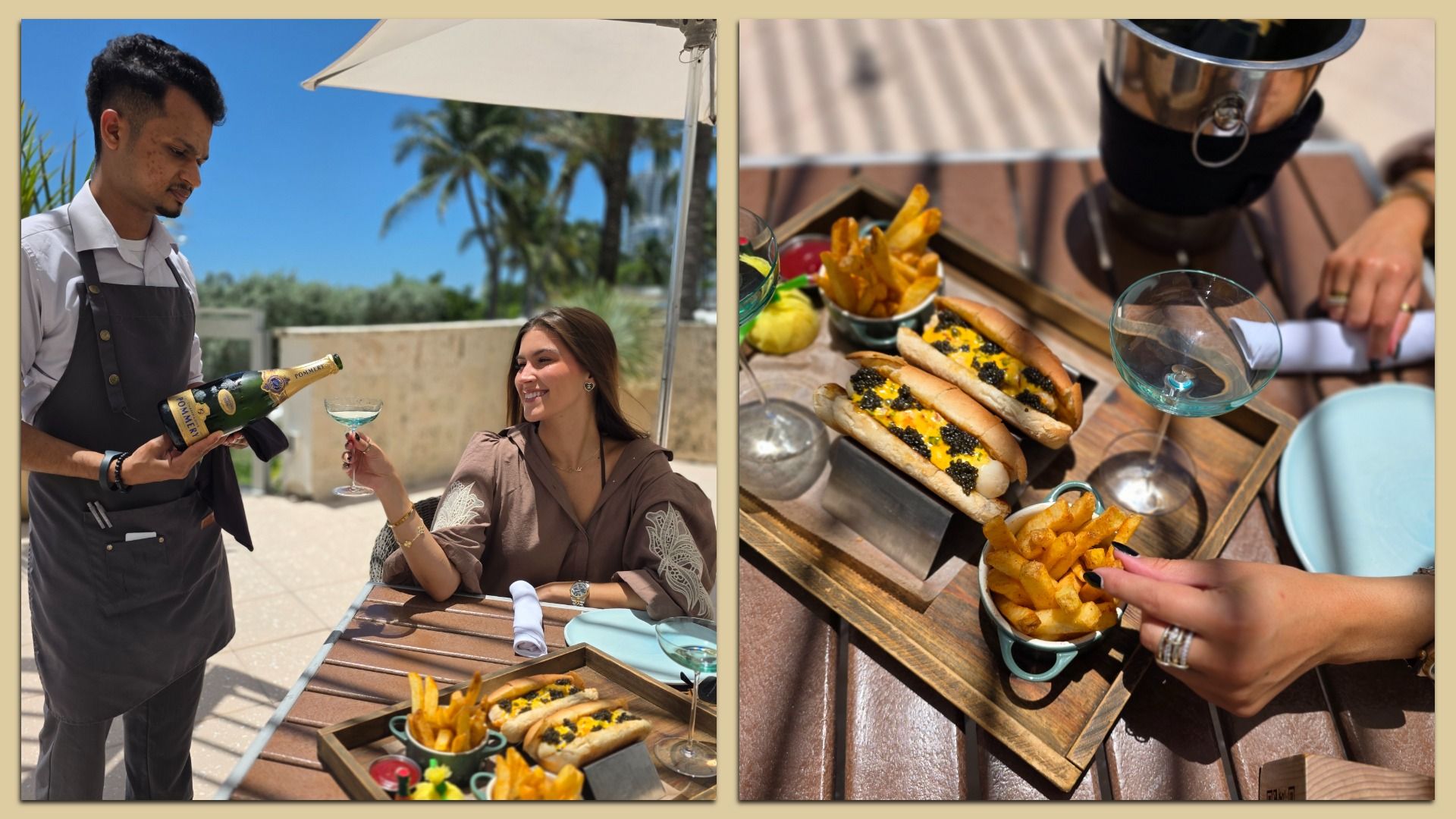 Two-panel outdoor dining scene: left shows a waiter in a gray apron pouring champagne for a smiling woman under a white umbrella; right shows a wooden table with $250 lobster dogs, fries, and drinks.