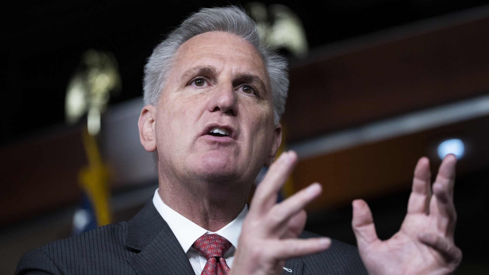 House Majority Leader Kevin McCarthy is seen addressing a news conference.