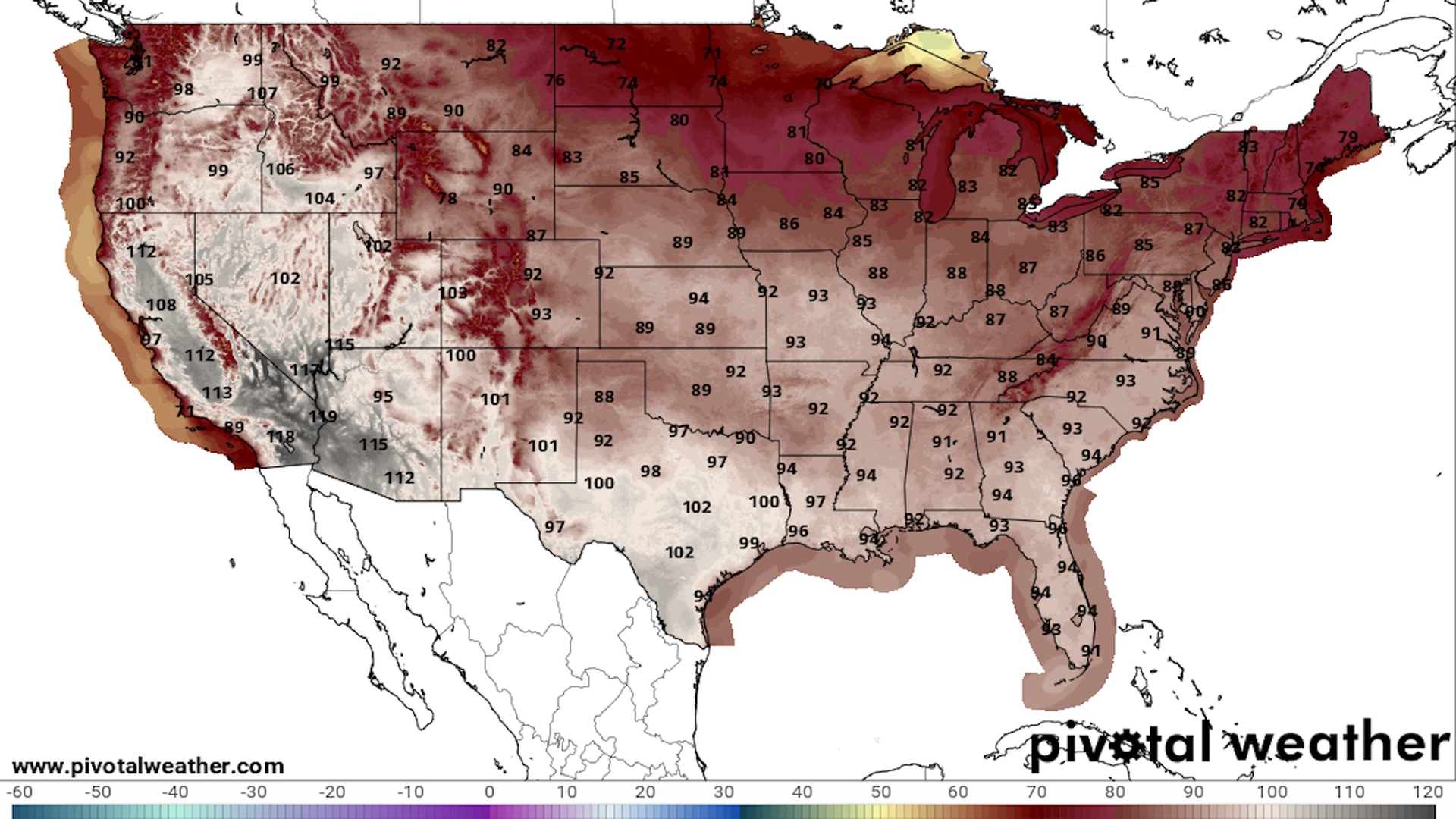 Map showing forecast high temperatures on July 16.