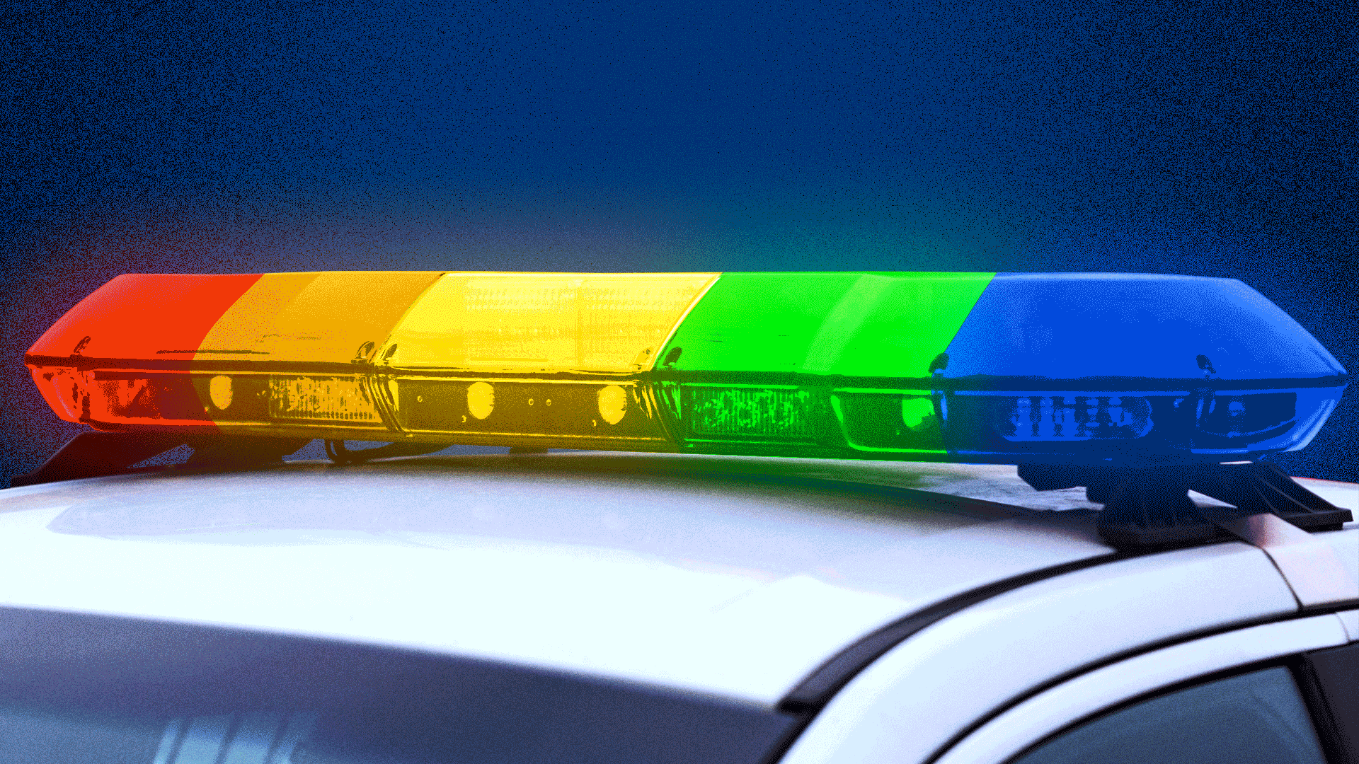 Animated illustration of flashing rainbow police lights.