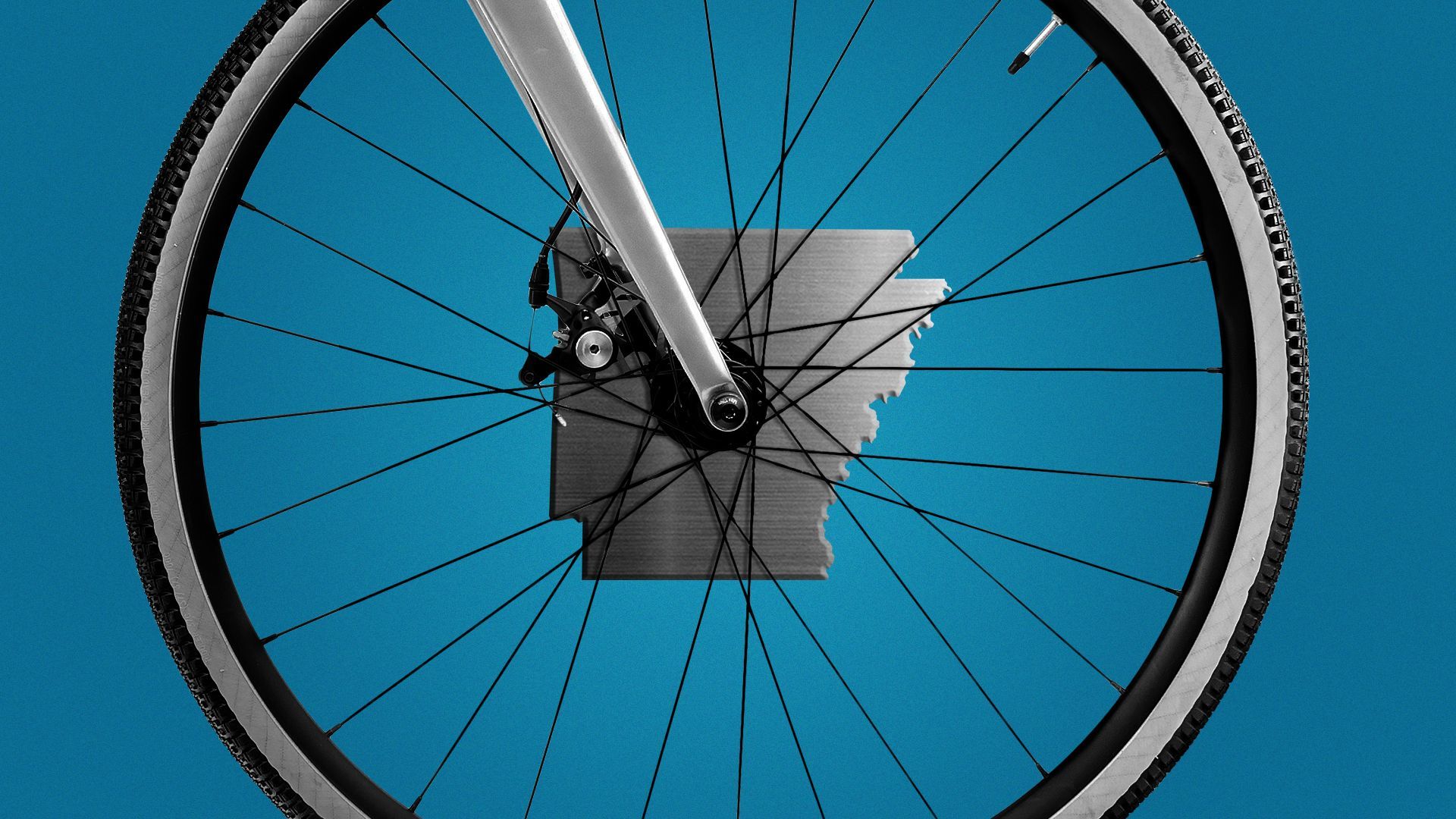 Illustration of a bike wheel with the state of Arkansas in the center of it.