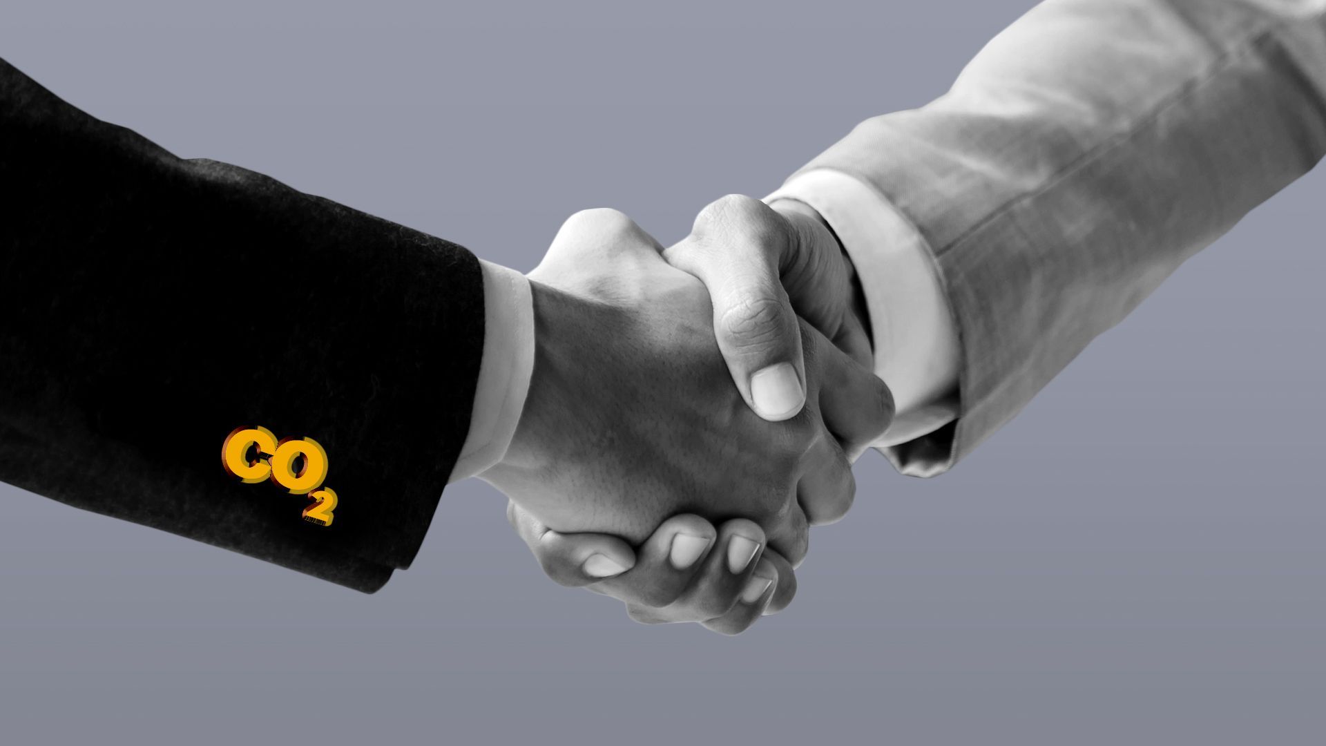 Illustration of two hands shaking, with one person's jacket golden cufflinks spelling CO2.