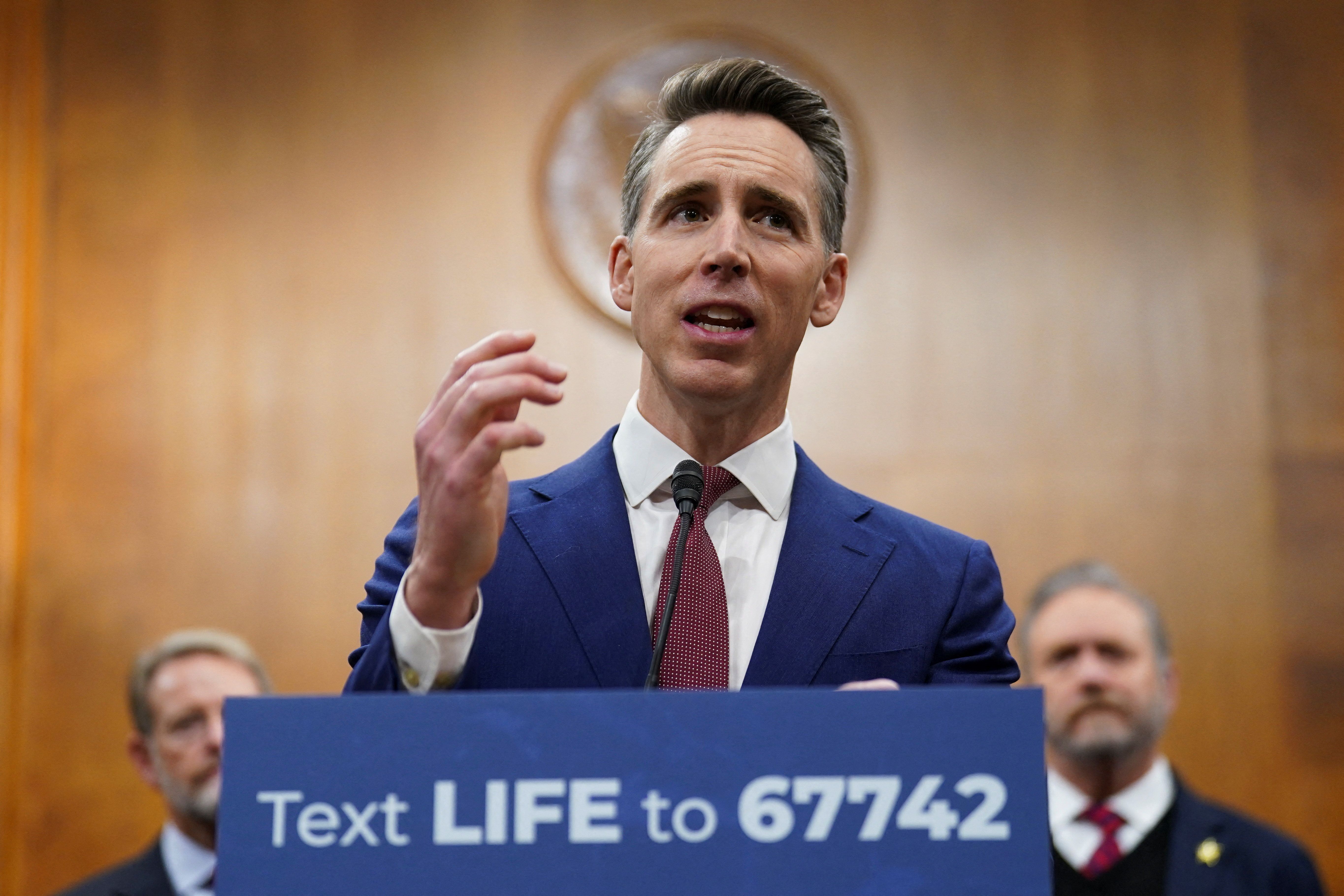 Sen. Josh Hawley (R-Mo.) speaks during a press conference about the FDA's abortion drug policies on Capitol Hill earlier this month.