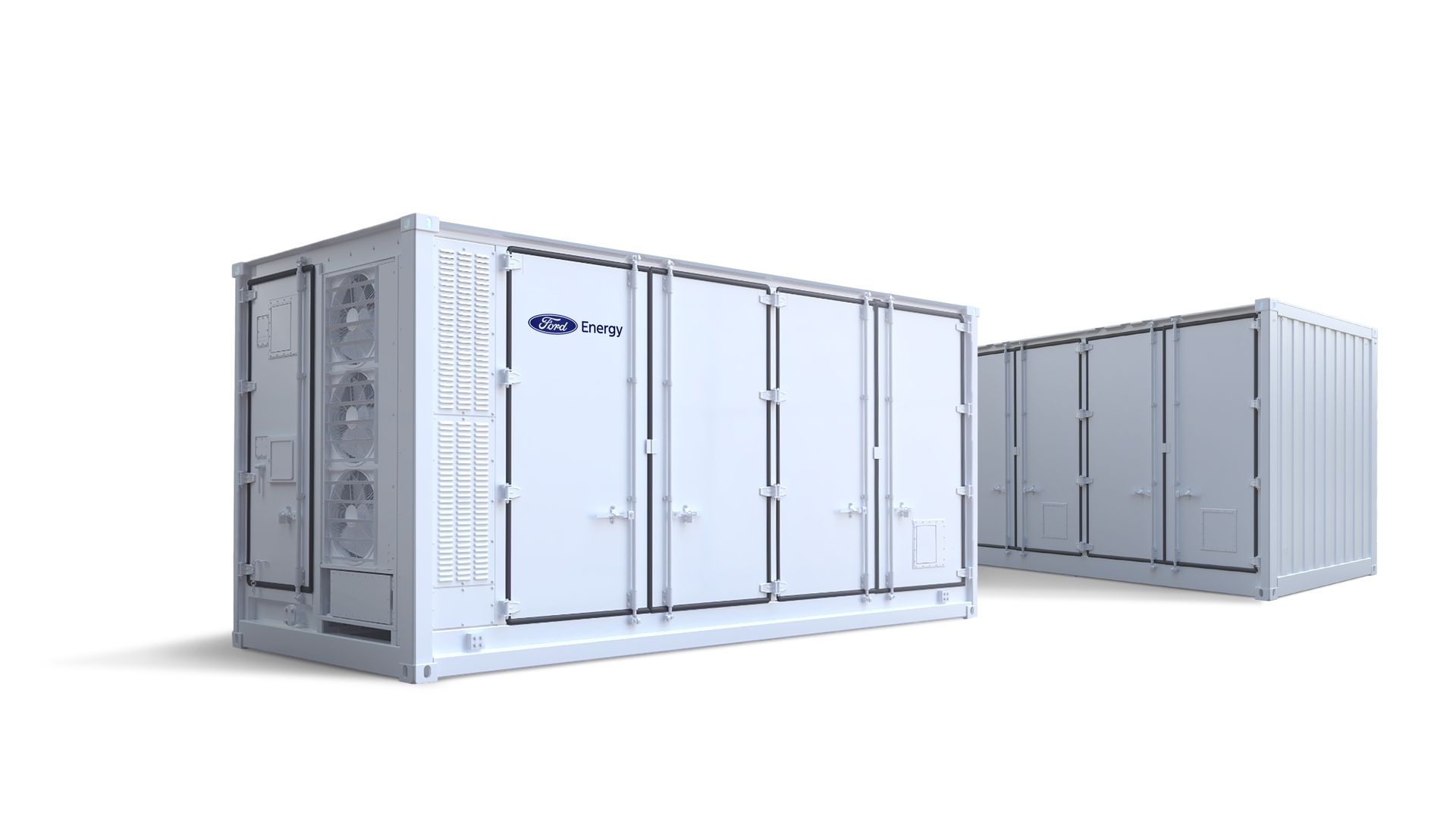 Row of large white modular energy storage containers with metal doors and latches; left unit shows a vented panel with fans, Ford Energy logo on the middle container, against a white background.