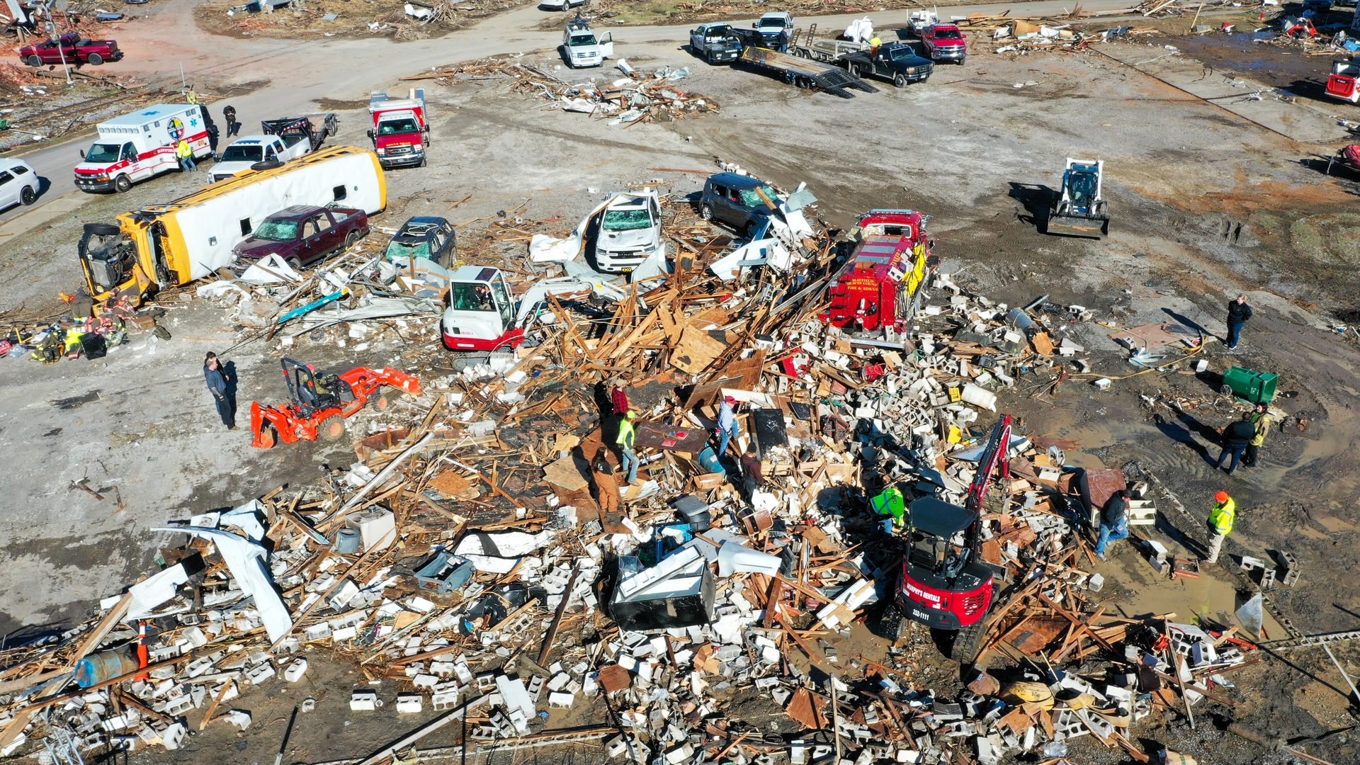 aerial photo shows a damage as cleanup efforts continue after tornado hit Mayfield, Kentucky, 