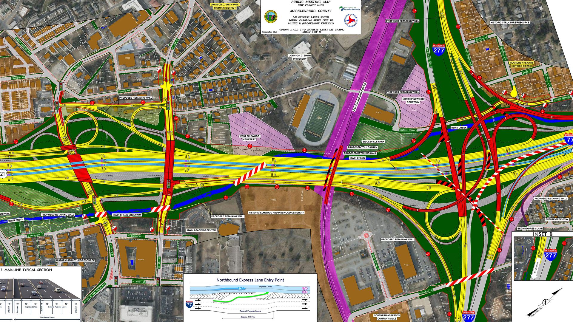 Detailed aerial map of proposed I-77 and I-277 interchange in Mecklenburg County with color-coded roadways, highways, housing areas, cemeteries, parks, and proposed retaining walls marked.