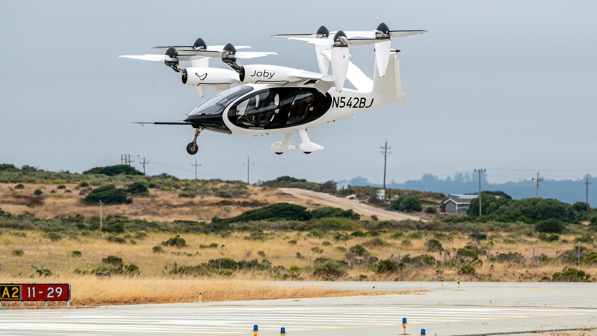 Joby Aviation's pre-production prototype electric vertical take-off and landing (eVTOL) aircraft during a demonstration at an event in Marina, California, US, on Wednesday, June 28, 2023.