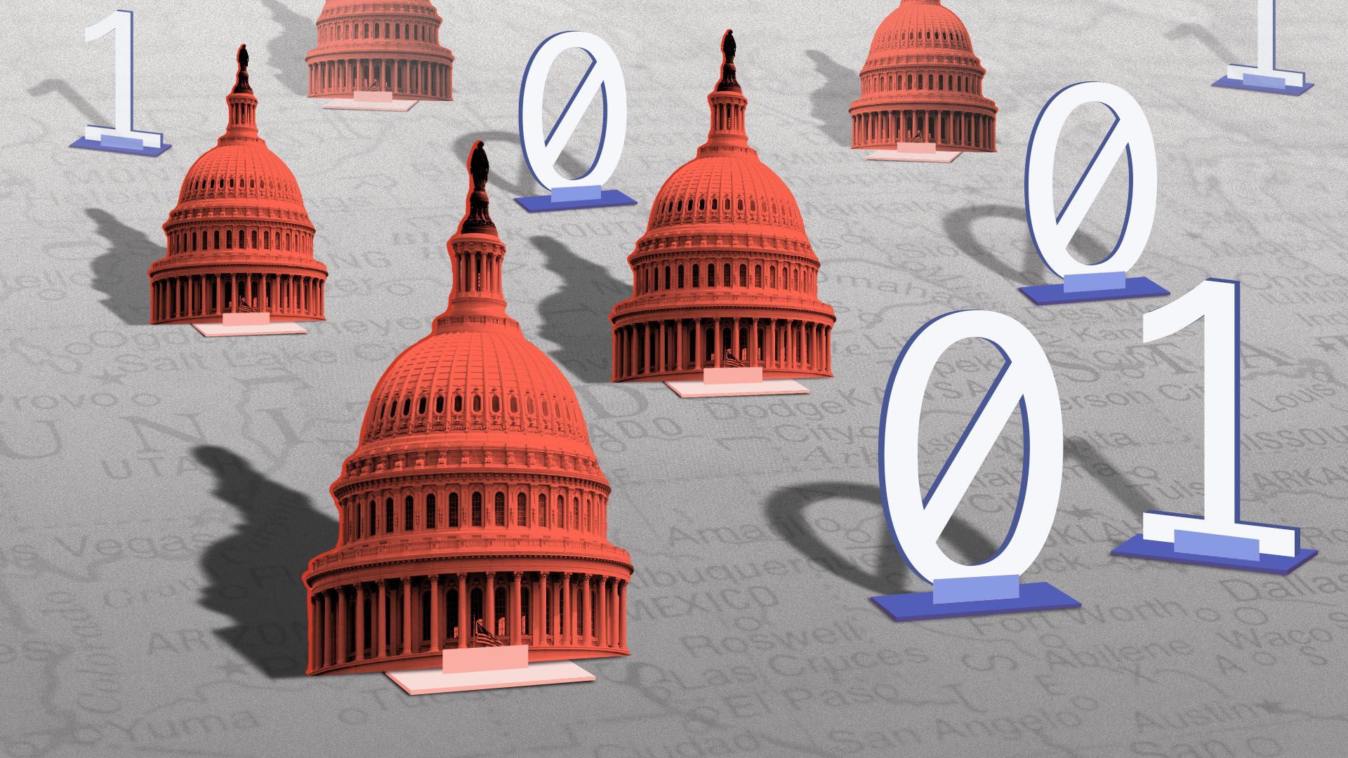 Illustration of game pieces on a map in the shape of the Capitol Dome and binary code
