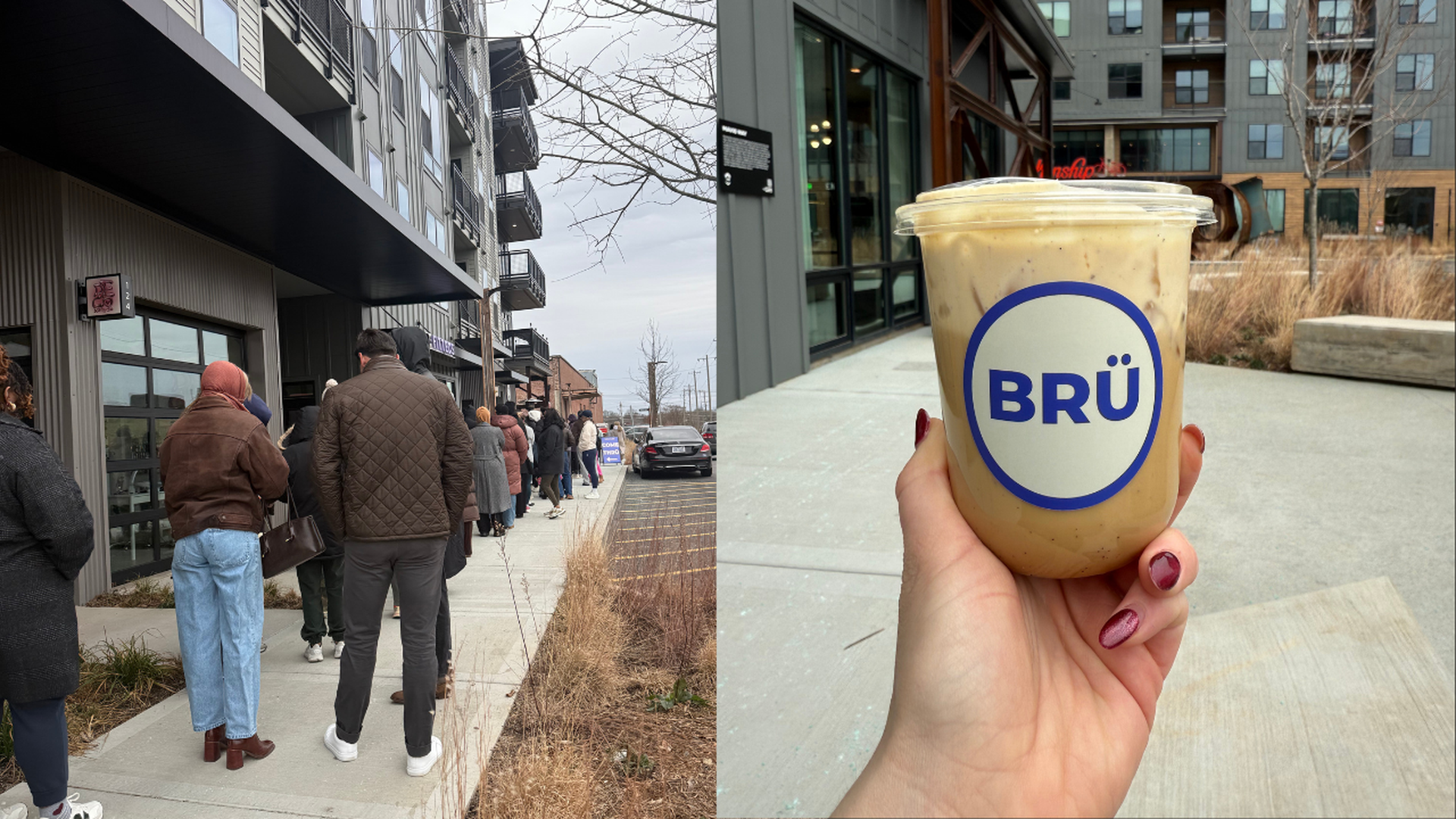 Two images: left shows a long line of people wearing coats outside a building on a cloudy day; right shows a hand with painted nails holding an iced coffee cup labeled "BRÜ" in blue circle, outdoors.