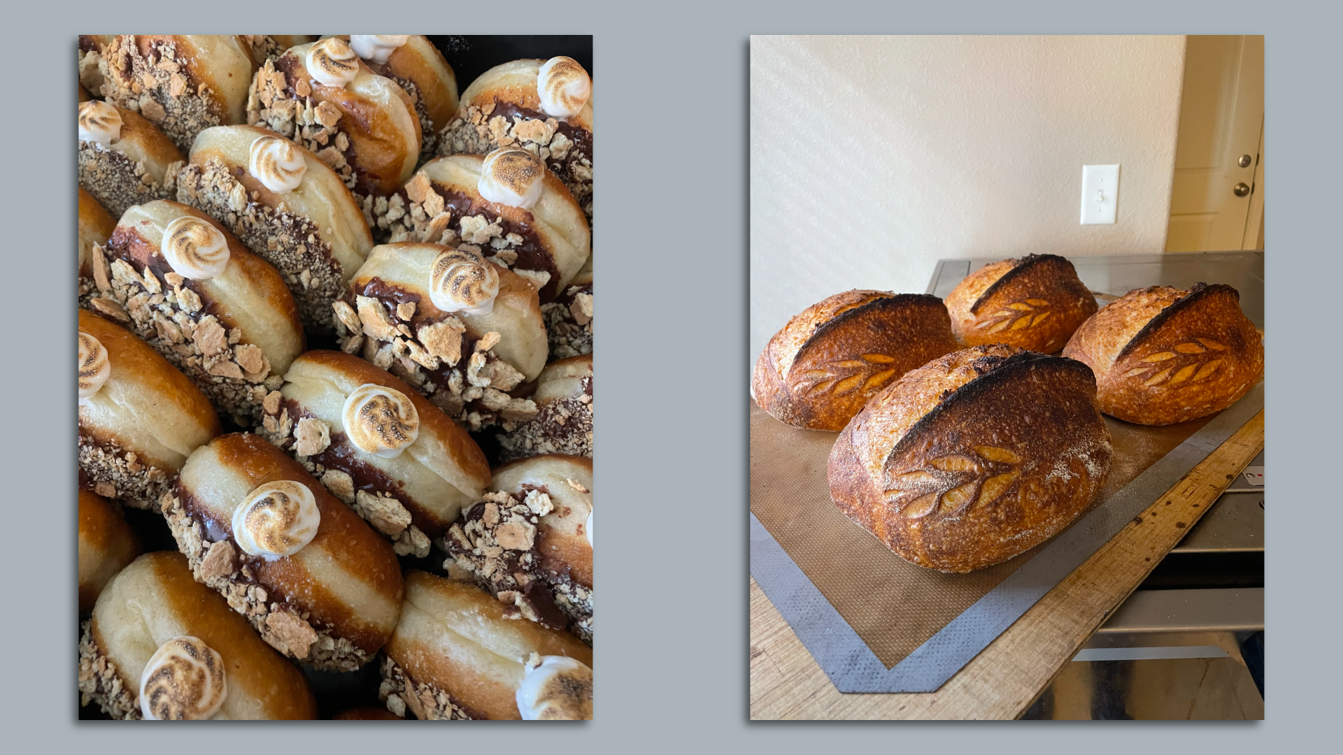 Composite photos of baked goods - the first shows rows of cream-filled doughnuts and the second four loaves of sourdough bread.