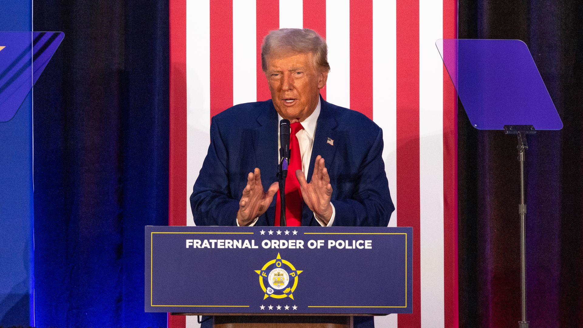 Republican presidential nominee, former U.S. President Donald Trump makes remarks at the fall meeting of the Fraternal Order Of Police's National Board Of Trustees. on September 6, 2024 in Charlotte, North Carolina. Trump is campaigning in key battleground states ahead of the November presidential e