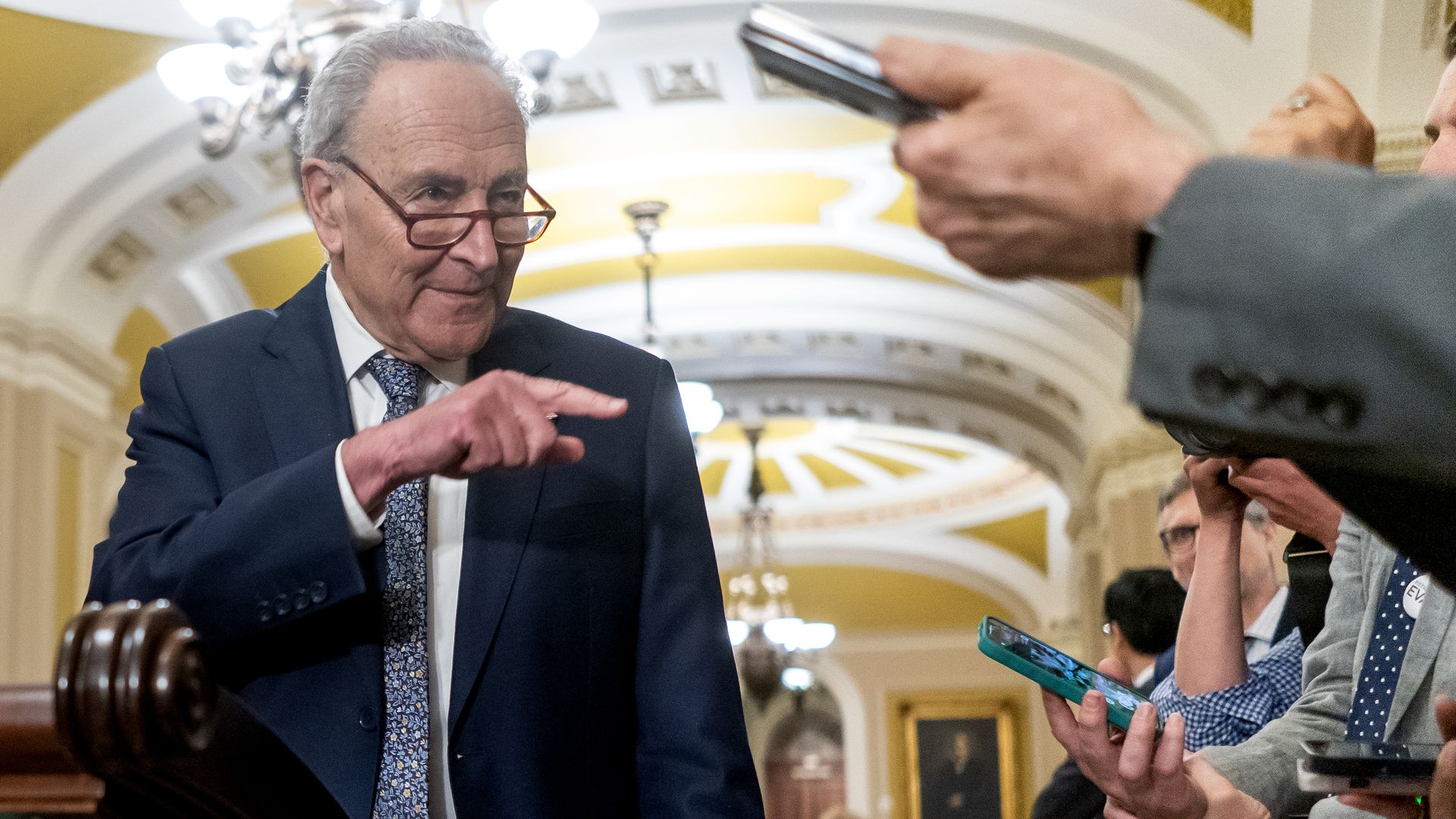 Senate Majority Leader Charles Schumer (D-NY) speaks to members of the media during a news conference following the weekly Senate Democratic policy luncheon on June 12, 2024 in Washington, DC. 