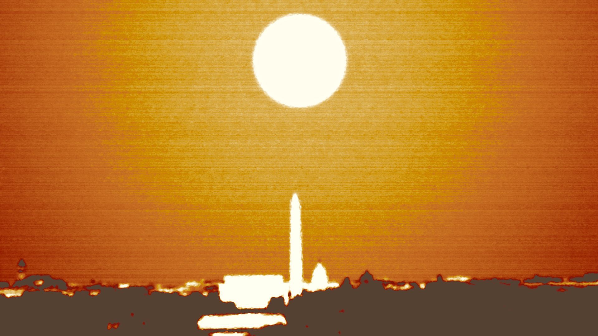 Illustration of the Washington skyline under a hot sun.