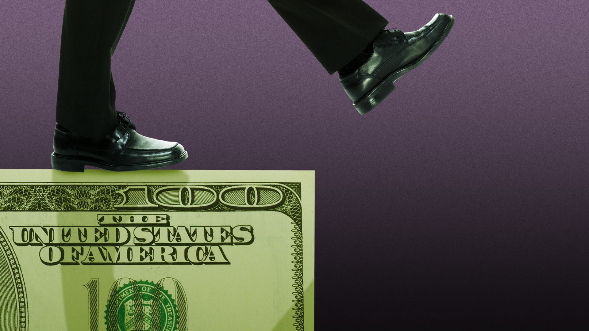 Illustration of a person walking off the edge of a hundred dollar bill.