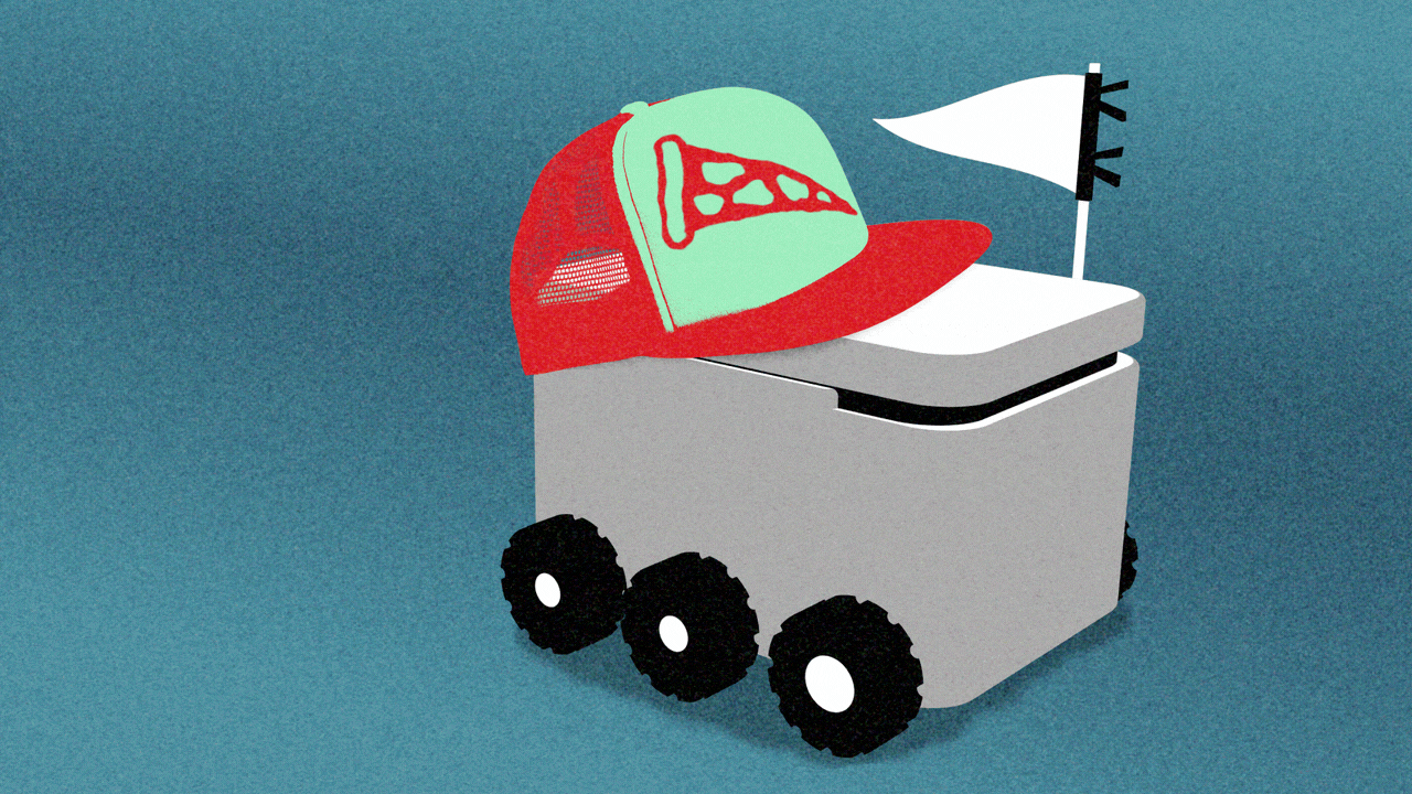 Animated illustration of a rolling delivery robot with a pennant sticking out of it, wearing a mesh baseball hat with a slice of pizza on it.