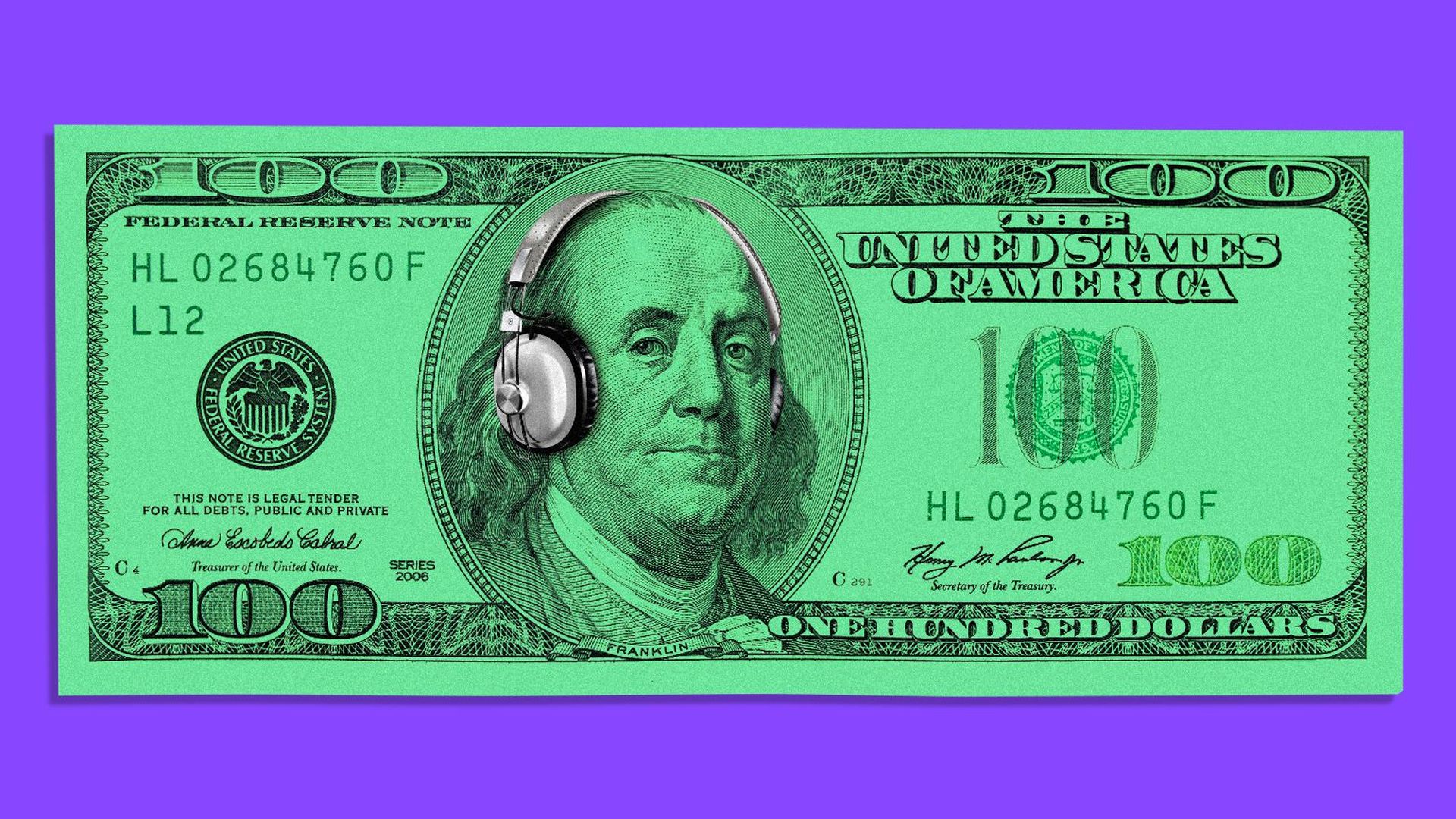 Illustration of a hundred dollar bill with Benjamin Franklin wearing headphones.   