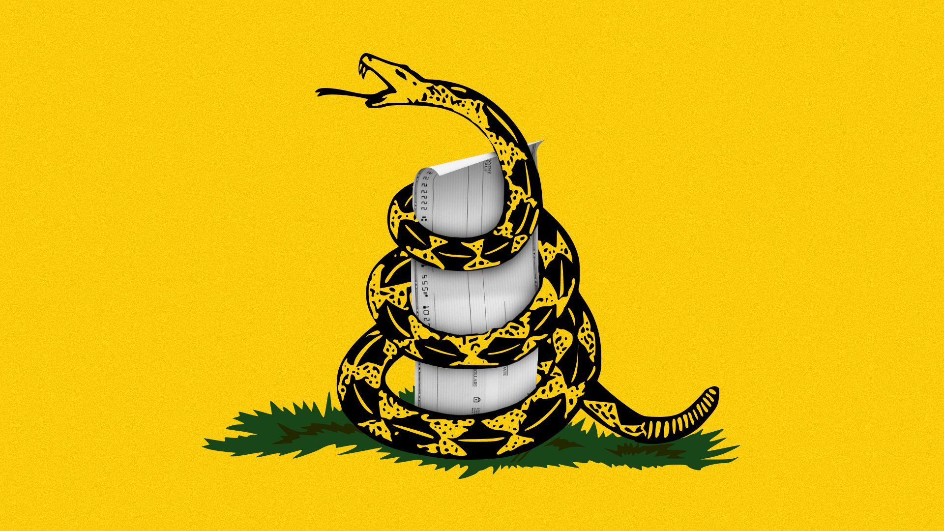 Illustration of a Gadsden flag with the snake wrapped around a blank check. 