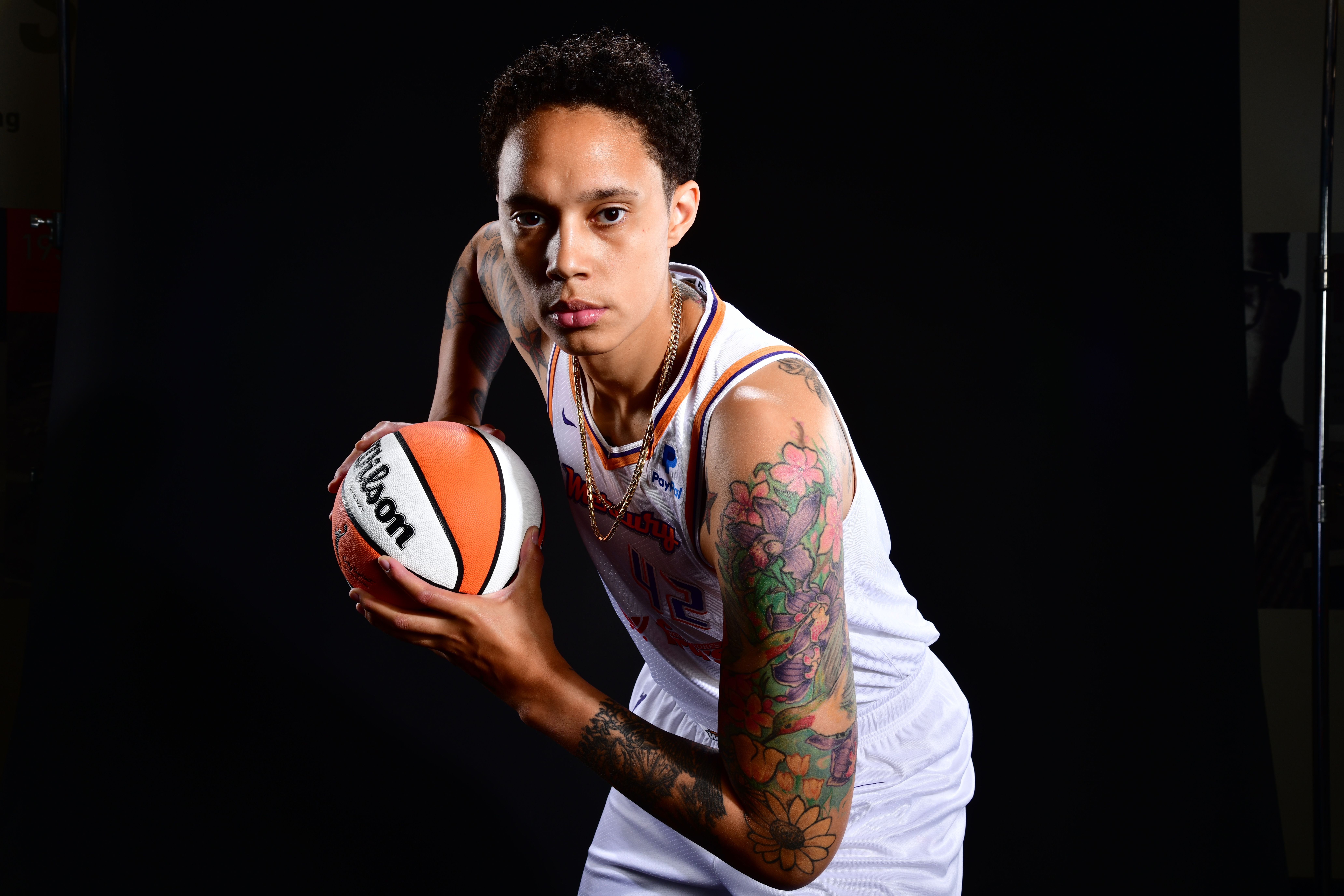 Brittney Griner holds the ball during the Phoenix Mercury's media day