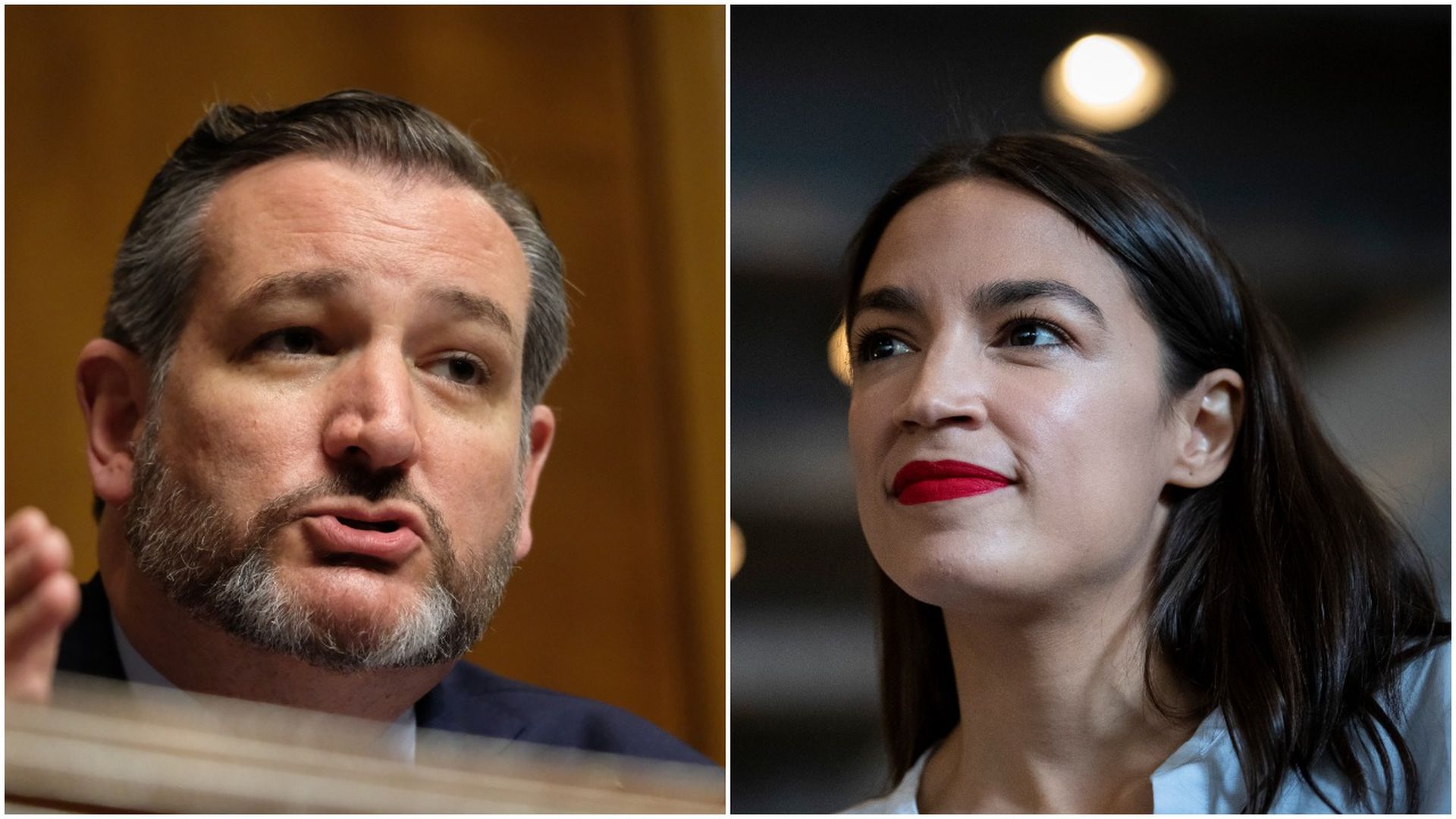 This image is a split screen of Ted Cruz speaking on the left and AOC listening on the right.
