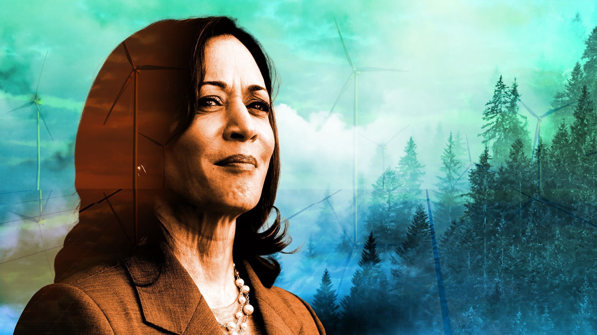 Photo illustration of Vice President Kamala Harris surrounded by forests, wind turbines, and solar panels