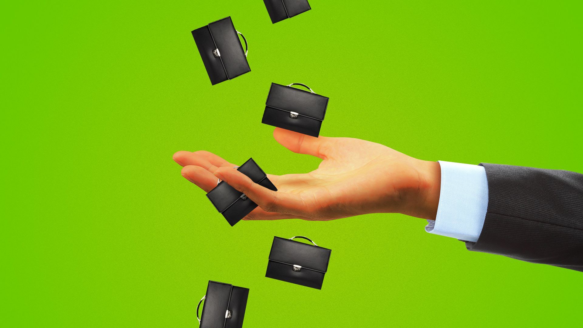 Illustration of briefcases falling into a hand.